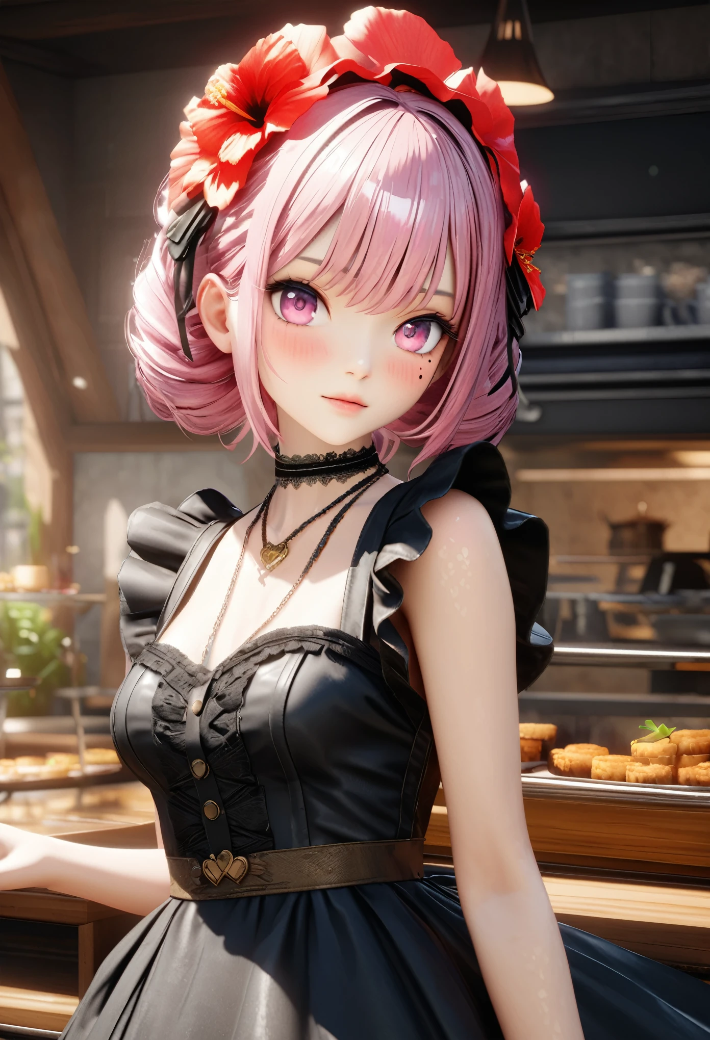 masterpiece,highest quality, Very detailed, High resolution, expensive resolution, High resolution, 4K, 8k, unity 8k wallpaper, Very detailed CG, masterpiece, 2D, 3D, Beautiful details, depth, Fine texture , highest quality: 1.3, Fully focused, Crispy.skin, .he,
Very cute anime girl 、Maid clothes、Large Breasts、ピンクのセミロングヘア wearing expensive , One Girl, cafeteria、Mole under the eye, looking at the viewer , expensive , blush, Mole, Lips parted, Hibiscus Hair Accessories, heart, Pink Eyes, choker