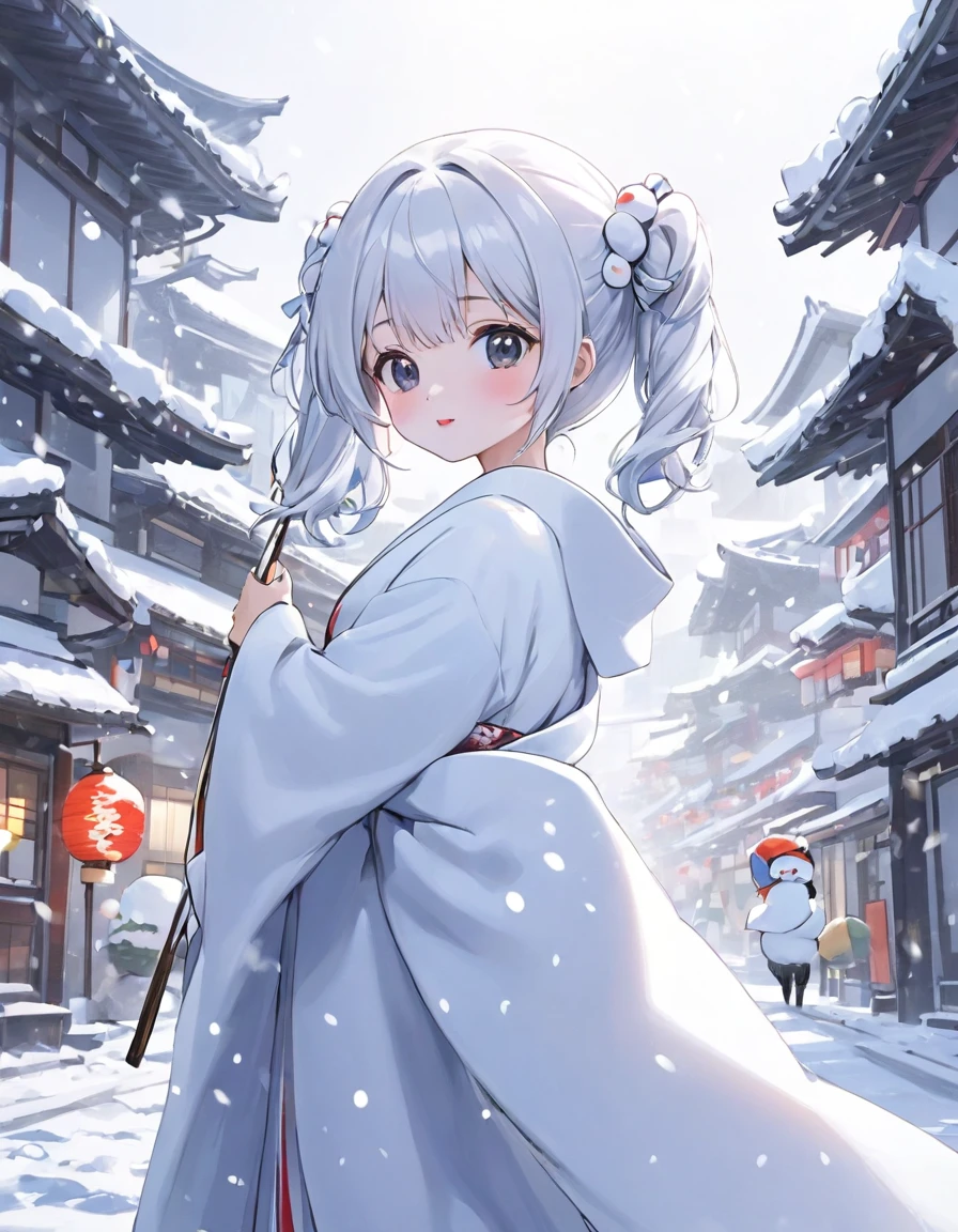 High quality, high definition, hig
h precision images,8k 1 Girl 、(white twin tails hair), wearing a Future white kimono,White winter clothes worn over a kimono 、 Inside the future city A snowy landscape, lots of snow falling, cheerfully building a snowman

