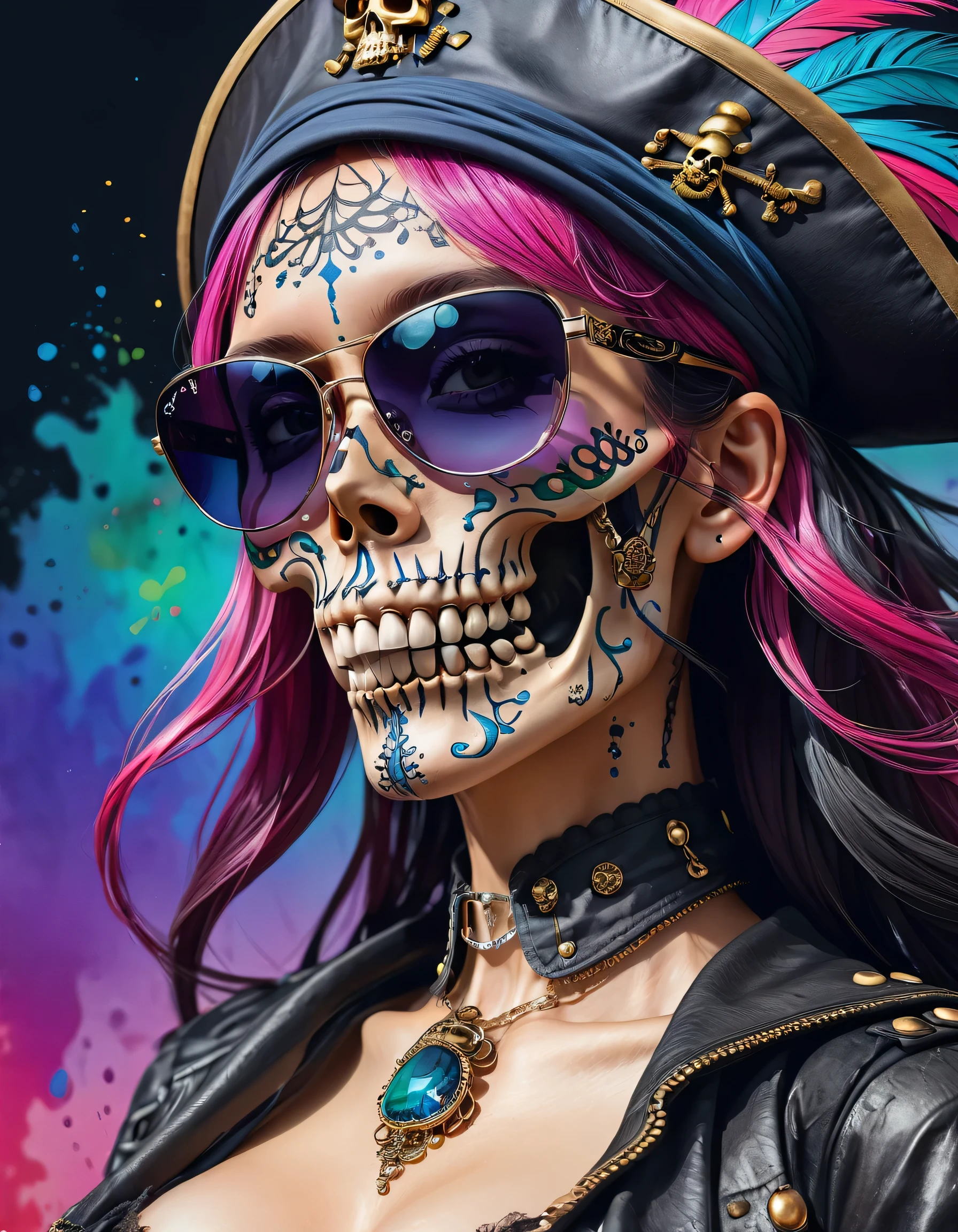 AF_KURO Style、(((stylish fashion))), 8K Quality、Intense watercolor, Detailed watercolor art, Watercolor splash, Surreal, avant-garde pop art, Beautiful and expressive paintings, Beautiful artwork illustration, Very colorful tones, wonderful, Cool beauty, highest quality、Official Art, Vector art, Stylish design, (((The Strongest SKULL Pirate in History))), (((Stylish sunglasses))), (((pirate ship))), (((highest quality))), HDR, ((detailed)), (((Doodle Art)), ((masterpiece)), ((Super detailed)), (((skull fashion))), (((Stylish))),