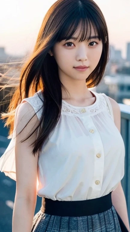 (highest quality,masterpiece:1.3,Ultra-high resolution),(Very detailed,Caustics,8k),(Realistic:1.4,RAW shooting),Shrapnel,Japanese,23 years old,cute,Are standing,(I'm looking at the camera with a smile on my face),Black hair medium hair,Big Breasts,White blouse,Knee-length skirt,Strong winds,Hair blowing in the wind,rooftop,Backlight,sunset,sunset sky,Waist up shot,Face Focus,Natural light