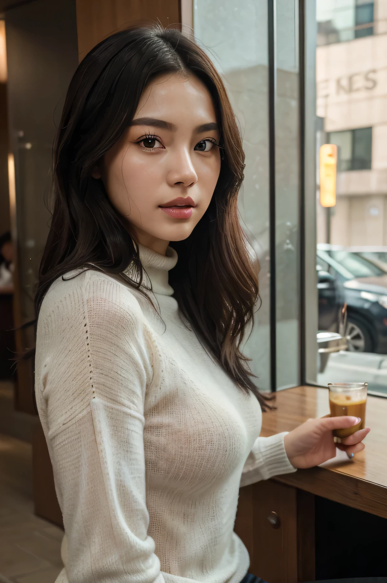 full body portrait, photorealistic, gorgeous korean face, Wear a turtleneck sweater, See-through to、Taken in front of the cafe、((best quality、8K、masterpiece:1.3))、ultra high resolution、(photoreallyistic:1.4)、RAW photos、korean,(details face)、really、taken with iphone camera BREAK medium shot selfie, Highly detailed face and skin texture、very detailed lips、correct state of the human body、medium hair、black hair、various poses、Natural colored lips, high detailed and skin texture