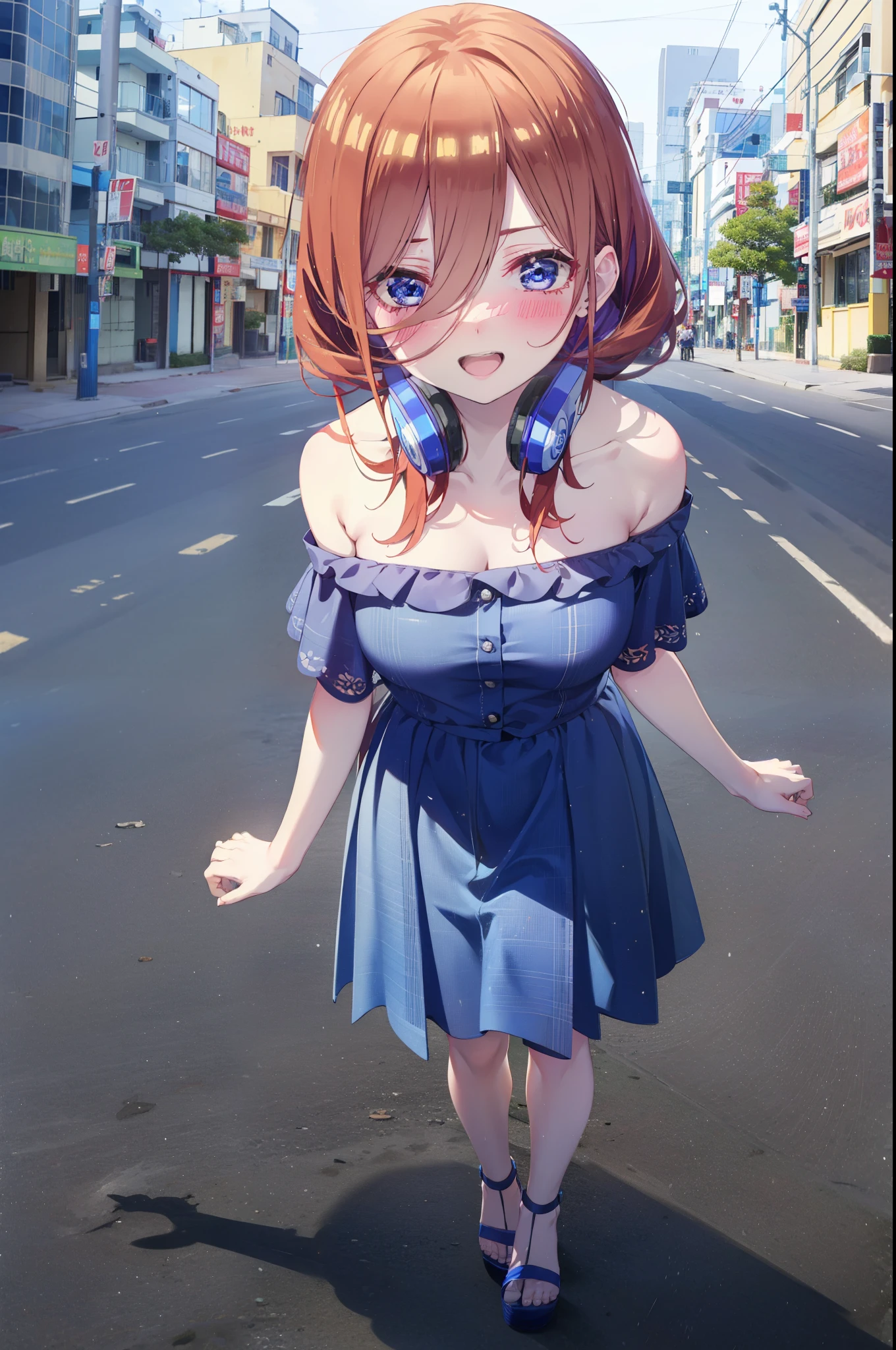 Mikunakano, Miku Nakano, Long Hair, bangs, blue eyes, Brown Hair, shirt, Hair between the eyes, Headphones around the neck,happy smile, smile, Open your mouth,Off-the-shoulder blue dress,Bare shoulders,bare clavicle,Bare neck,Bare arms,Blue long skirt,Cute heeled sandals,Real Summer,Daytime,sunny,My hair is blowing in the wind,whole bodyがイラストに入るように,Looking down from above,
break outdoors, city,海岸通り
break looking at viewer, whole body,
break (masterpiece:1.2), highest quality, High resolution, unity 8k wallpaper, (shape:0.8), (Beautiful details:1.6), Highly detailed face, Perfect lighting, Highly detailed CG, (Perfect hands, Perfect Anatomy),