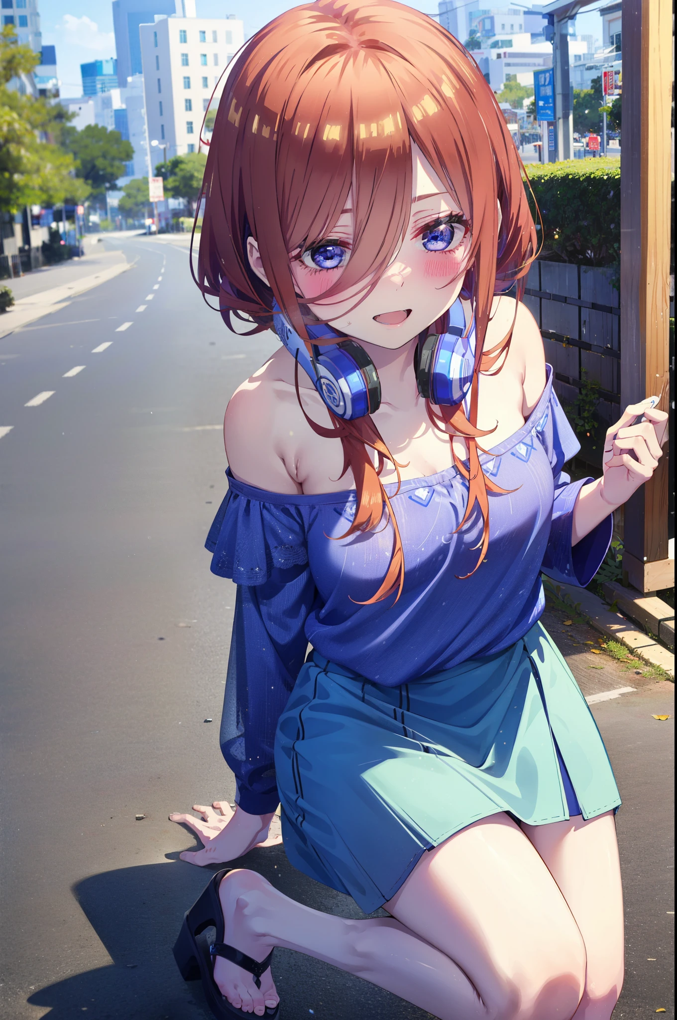 Mikunakano, Miku Nakano, Long Hair, bangs, blue eyes, Brown Hair, shirt, Hair between the eyes, Headphones around the neck,happy smile, smile, Open your mouth,Off-the-shoulder blue dress,Bare shoulders,bare clavicle,Bare neck,Bare arms,Blue long skirt,Cute heeled sandals,Real Summer,Daytime,sunny,My hair is blowing in the wind,whole bodyがイラストに入るように,Looking down from above,
break outdoors, city,海岸通り
break looking at viewer, whole body,
break (masterpiece:1.2), highest quality, High resolution, unity 8k wallpaper, (shape:0.8), (Beautiful details:1.6), Highly detailed face, Perfect lighting, Highly detailed CG, (Perfect hands, Perfect Anatomy),