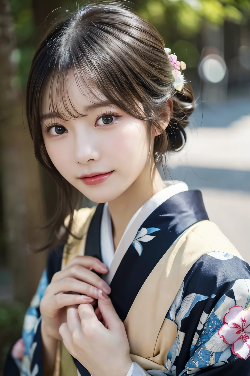 ((Kimono))、(looking down:1.2)、、Random Pause、、、(highest quality,masterpiece:1.3,Ultra-high resolution,),(Super detailed,Caustics),(Photorealistic:1.4,RAW shooting,)Ultra-Realistic Capture,Very detailed,High resolution 16K human skin closeup、 The skin texture is natural、、Skin appears even-toned and healthy、 Use natural light and colour,One Woman,Japanese,,cute,Black Hair,Mid-length hair,(Depth of written boundary、chromatic aberration、、Wide range of lighting、Natural Shading、)、smile