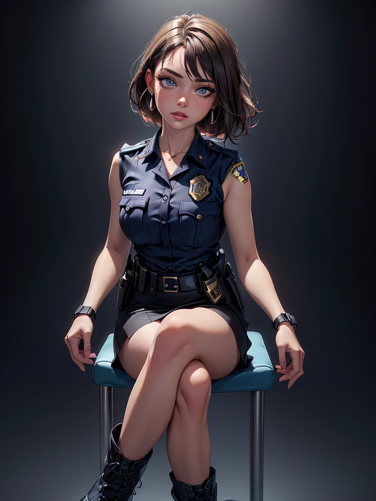 (masterpiece: 1.3), (Maximum resolution: 1.2), (Ultra HDTV: 1.2), Cinema Lighting, Ultra HDTV, (Detailed eyes and skin), (Detailed facial features), High resolution, 8K resolution, Sharp focus: 1.2, Perfect Style, Beautiful Face, Accurate, Anatomically correct, Highly detailed face and skin texture, fine grain, Dark blue eyes, double eyelid, Thin eyebrows, Glitter Eyeliner: 1.2, Natural Cheeks, Glowing Skin, Fair skin: 1.2, Shiny little necklace and earrings, (Glossy lips: 1.4), break, First Person View, (She is a female police officer), (((Black watches on both wrists))),(((Wear a sleeveless button-up shirt, Ultra mini skirt, Shiny police belt,To the Navy, short boots))), (((Exposing your thighs))),(Captivating smile: 1.2), (look at me), ((Pure and cute girl:1.2)), (Layered Hairstyles, Wavy Hair, Light brown hair, Diagonal bangs), Medium Long Hair, (Full Body Shot: 1.2), Focus on the face, ((Very close relationship: 1.2)), (Medium large breasts), (((Monotone background,Inside the police station: 1.6))), ((sit cross-legged on a chair:1.4)), from before,(((Crying face:1.0)))