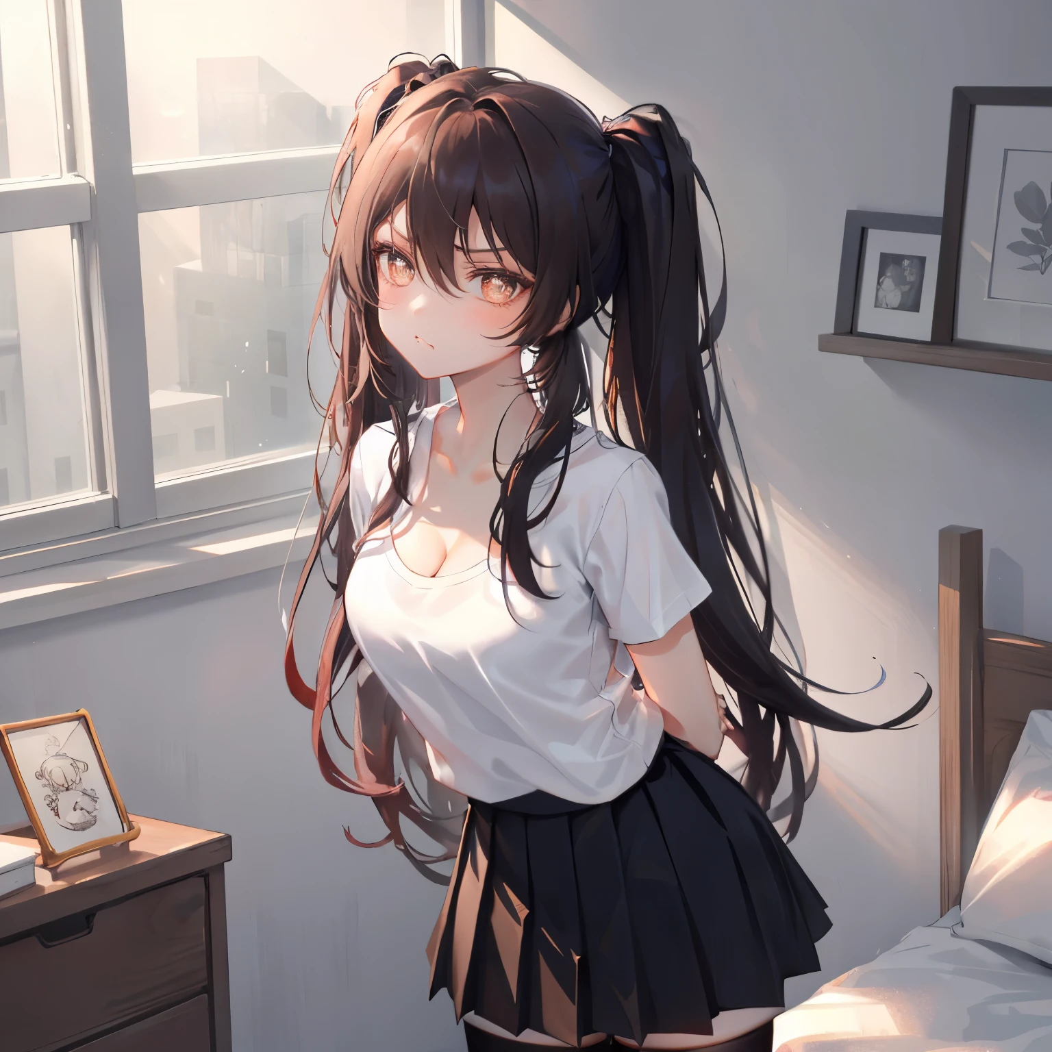 Hu Tao, 1girl, solo, ((white shirt)), black thighhighs, breasts, cleavage, uniform, bedroom background, black skirt, pleated skirt, office, hair between eyes, brown eyes, flower pupils, medium breasts, long hair, looking at viewer, Black hair, brown short nails, solo, thighhighs, thighs, very long hair, ((masterpiece)), indoor, blush, ((long twintail)),angry, ((pouting)), ARMS BEHIND BACK,