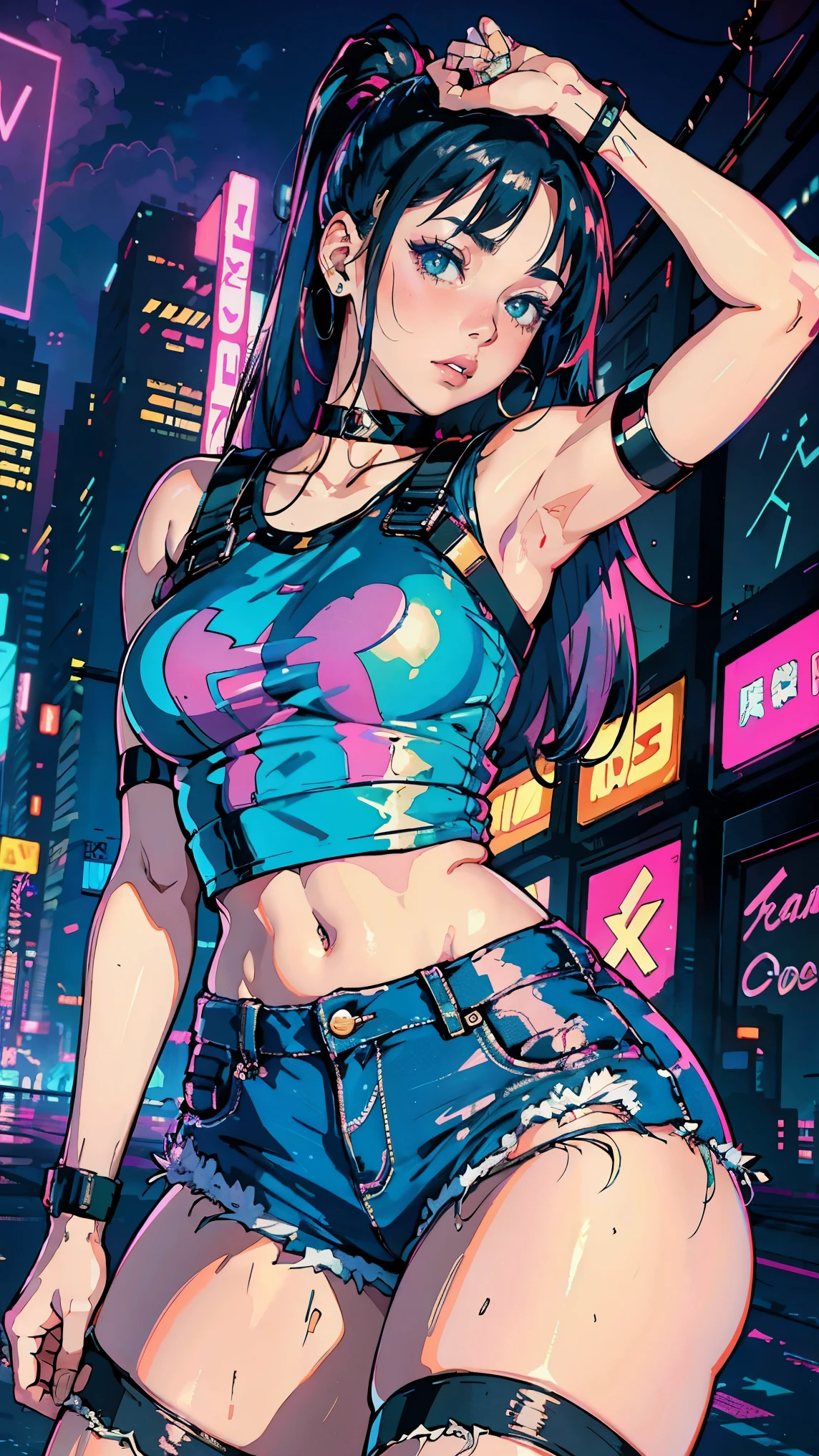 (Hinata Hyuga, Very sensual, In tight clothes, Big Ass, Thick legs, Jean Shorts, Wearing a mini blouse, Navel comes out, Long Hair, Rear speakers, Very realistic, View of the Cyberpunk City, Clearly defined lines, Neon Lights Very Sexy, 8k, 8k Very detailed), (Very delicate and beautiful), (masterpiece), (Better Quality: 1.0), (Ultra-high resolution:1.0), ((Synthwave Background Theme))