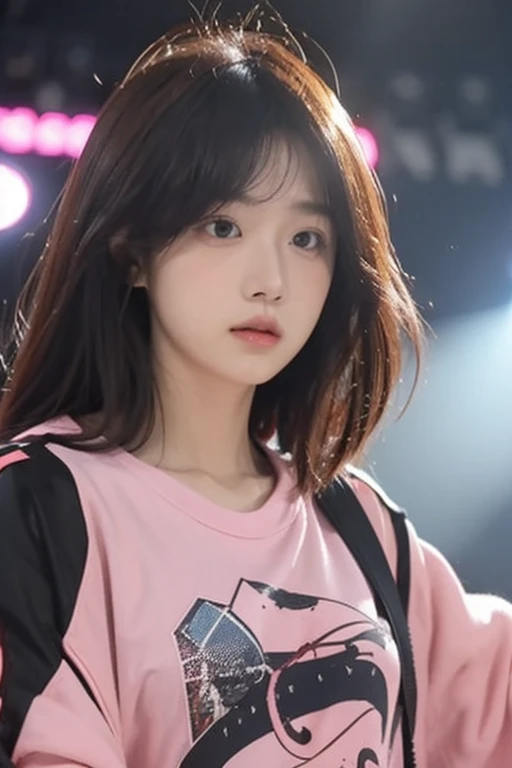 masterpiece, best quality, 1girl, upperbody, jirou, detailed eyes, pink shirt, black jacket, torn clothes, concert, (stage)