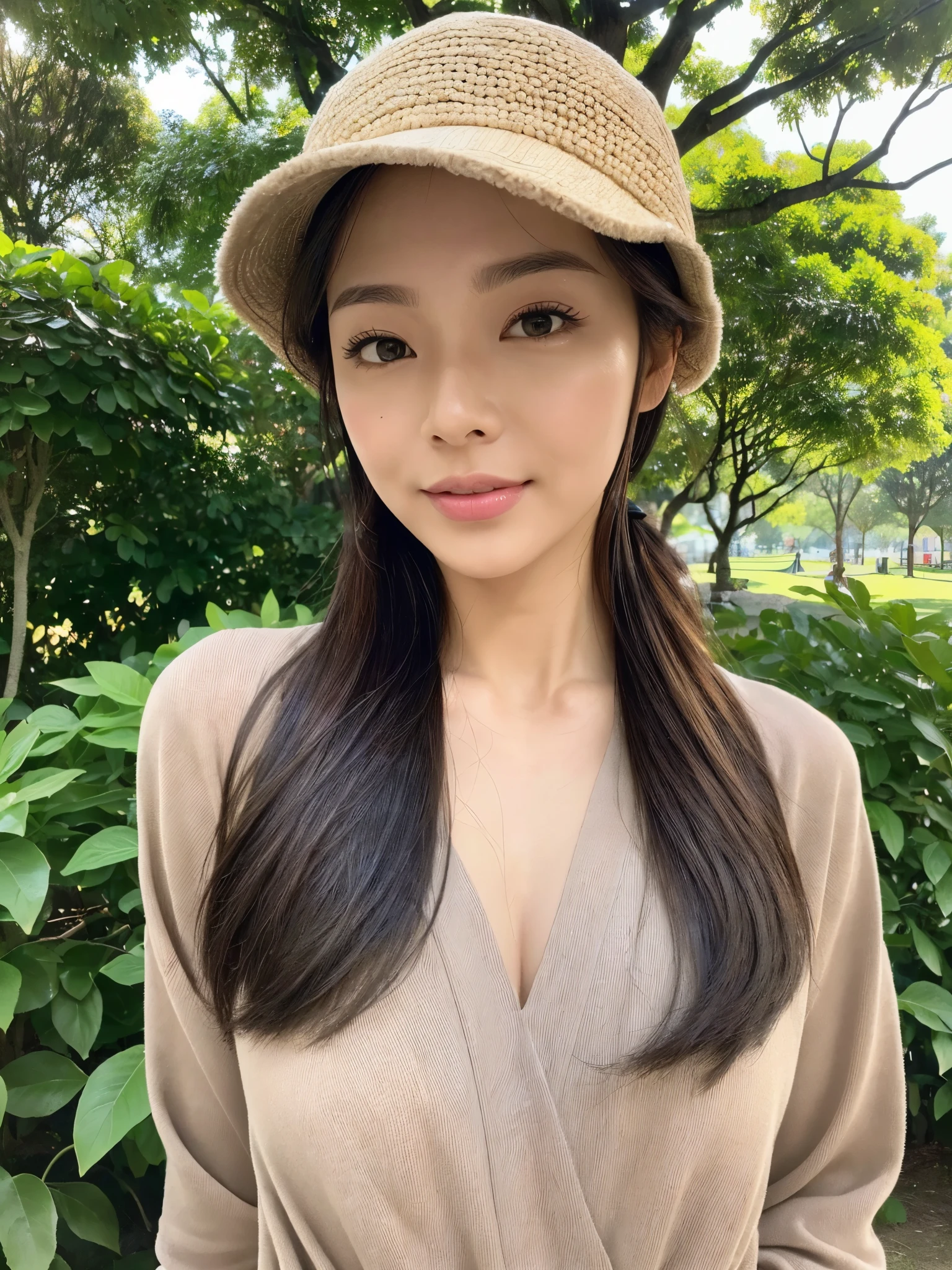 ((highest quality)), ((8K)), ((masterpiece: 1.3)), (Perfect appearance), (Photorealism: 1.6), (tree々A park on a sunny day with lush greenery: 1.4), (公演を散歩する一人のJapanese Mature), (Detailed background), (Standing), (Full body portrait: 1.4), (60 years old, Japanese Mature), (A mature woman with a rustic atmosphere), ((Realistic skin texture)), (Fine lines all over the skin), (Dull skin), (Facial wrinkles), (Wrinkles around the eyes), double eyelid, Tear bags under the eyelids, A gentle smile, Shy expression, Short bangs, Straight, slightly long hair, Updo, (Newsboy hat:1.2), (Wearing a hat pulled down over one&#39;s eyes: 1.4), (The gaze is directed diagonally upwards: 1.6), BREAK(Plain white T-shirt: 1.2),BREAK (jeans: 1.4), pumps, Slimming, Small breasts, Flat Chest,