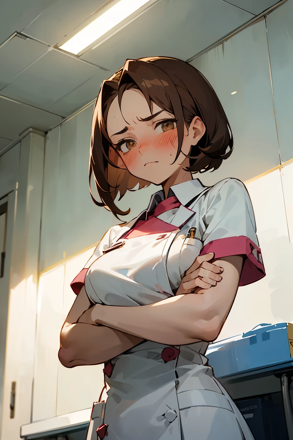 (blush:1.5), (masterpiece, best quality, detailed:1.3), light watercolor, 
a girl, With eyes that look at filthy things, Frowning、bob, center part, forehead, brown hair, 
she is nurse,   
inside, hospital, Hospital corridor、
BREAK (crossed arms:1.2) , from below