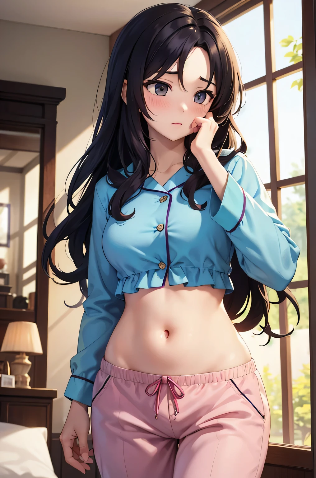 super fine illustration, vibrant colors, masterpiece, sharp focus, best quality, depth of field, cinematic lighting, ultra detailed, sleeves, crop top, pajamas, button-up, pajama pants, drawstring pants, belly button, wide hips, 1 woman, home, solo, milf, very messy hair, long curly hair, slender, blush, embarrassed, room, indoors, mature female, tall woman, looking down, hand covering face
