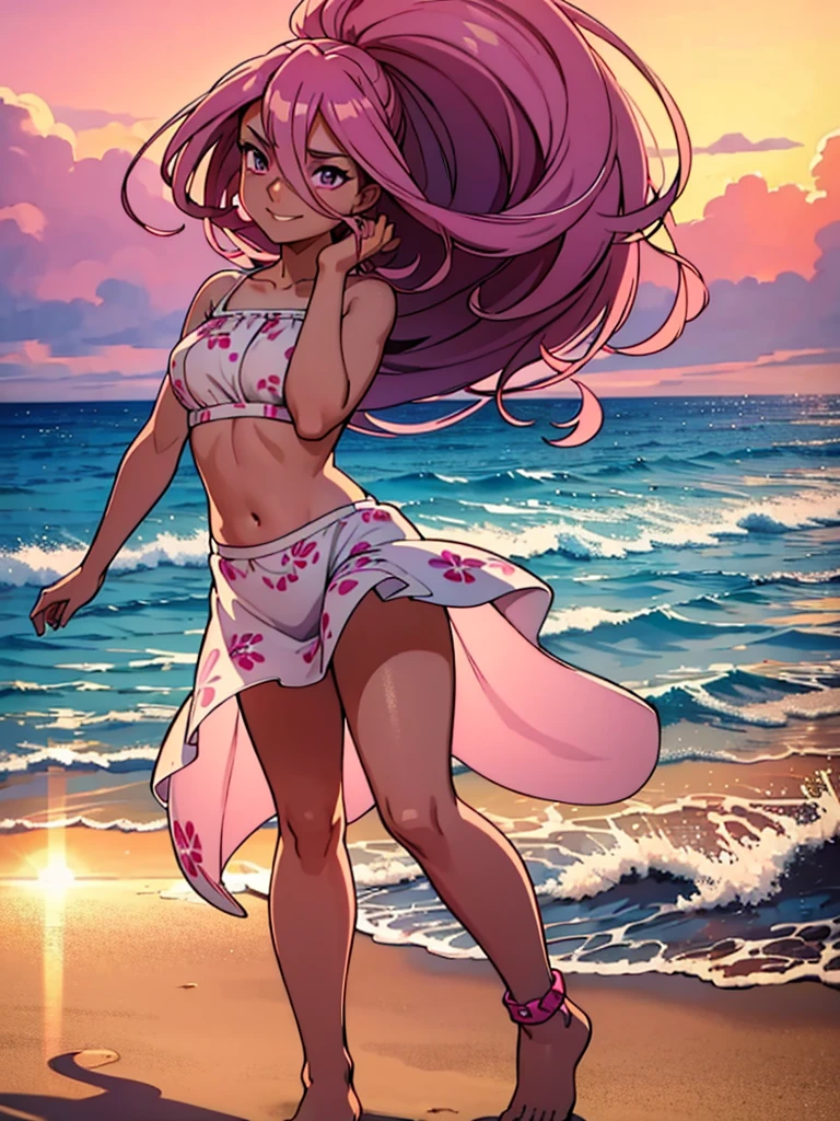 4k, masterpiece, crop top, high detailed, beautiful eyes, long pink hair, high ponytail, purple eyes, mischievous smile, wearing a light, flowing sundress with floral patterns, beach setting, standing barefoot on the sand, gentle waves in the background, bright sunlight, playful and carefree expression, wind lightly blowing her hair and dress, seashells scattered on the sand, summer vibes, relaxed and joyful atmosphere, spider pattern, detailed feet, beautiful eyes, (best quality), (extremely detailed 8K wallpaper), ultra-detailed, cinematic lighting, detailed light, best shadow, anklet, dark skinned, female, Hawaiian, detailed face, beautiful toes, beautiful hands, sunset,