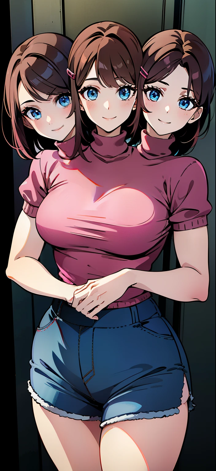 b best quality, (masterpiece),(ultra-detailed), (high quality), (high resolution), ((2heads:1.5)), ((brownbhair)), shorts, best quality:1.5, highres, UHD, 4K), smiling, ((pink turtleneck shirt)), (short sleeves),((seductive pose)), ((detailed eyes)), (light blue eyes), dark blue skirt, (hair-clip), ((girl with two heads), (small breasts)
