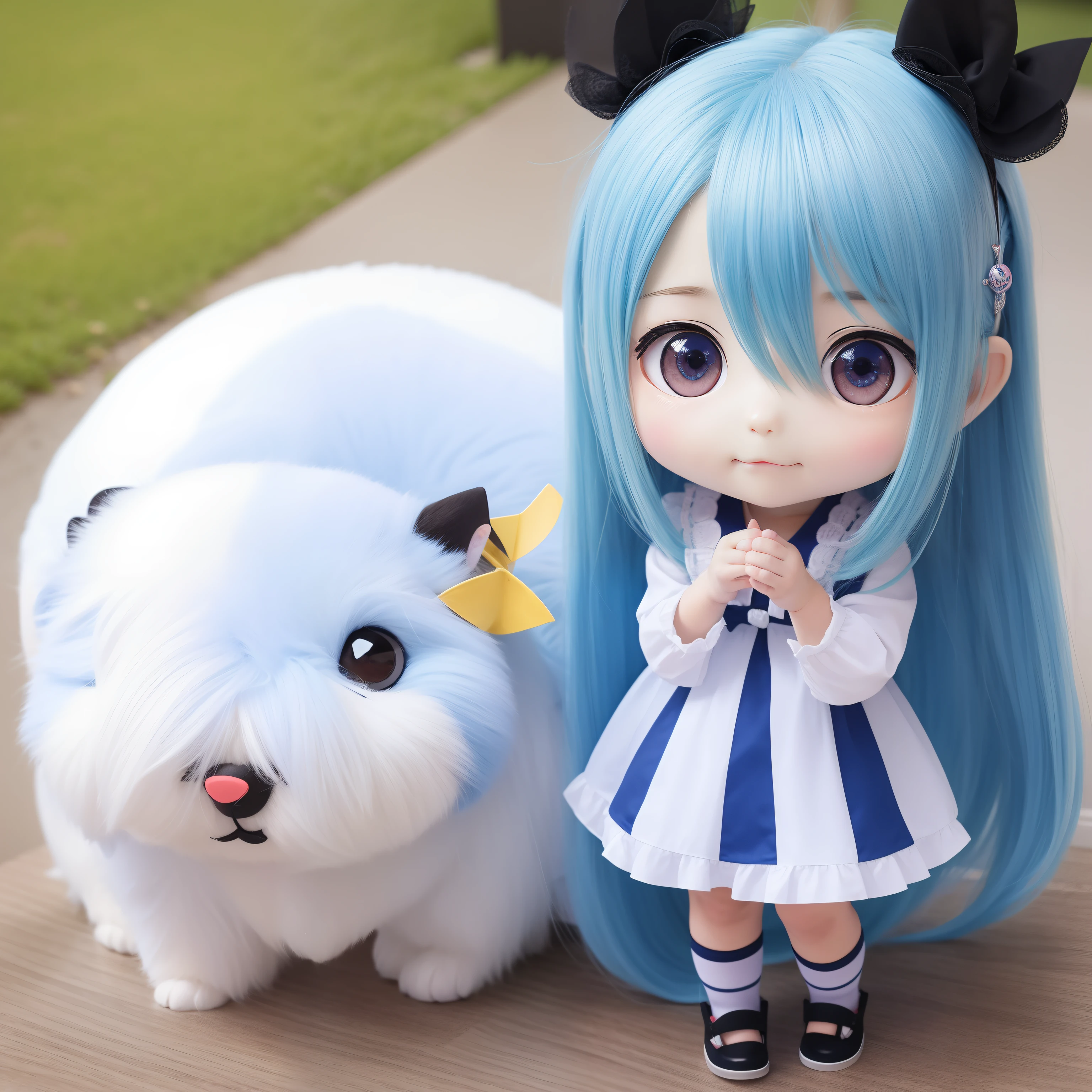 Chibichara　pelo largo con pelo azul((Chibi Chara))、esponjoso、chica con、Chibi Chara、Full body esbian、mesa、de primera calidad、