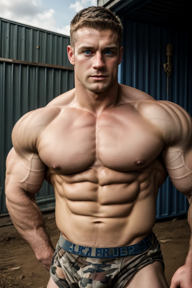 8K True-to-Life Picture Quality, Handsome, man, blue eyes,Wearing tight camouflage clothing, Soldier, , barracks, Big bulge, muscular, Pectoralis major,Swelling of chest muscles,Prominent J8, broad mind,Perfect facial details,Sexy and charming expression