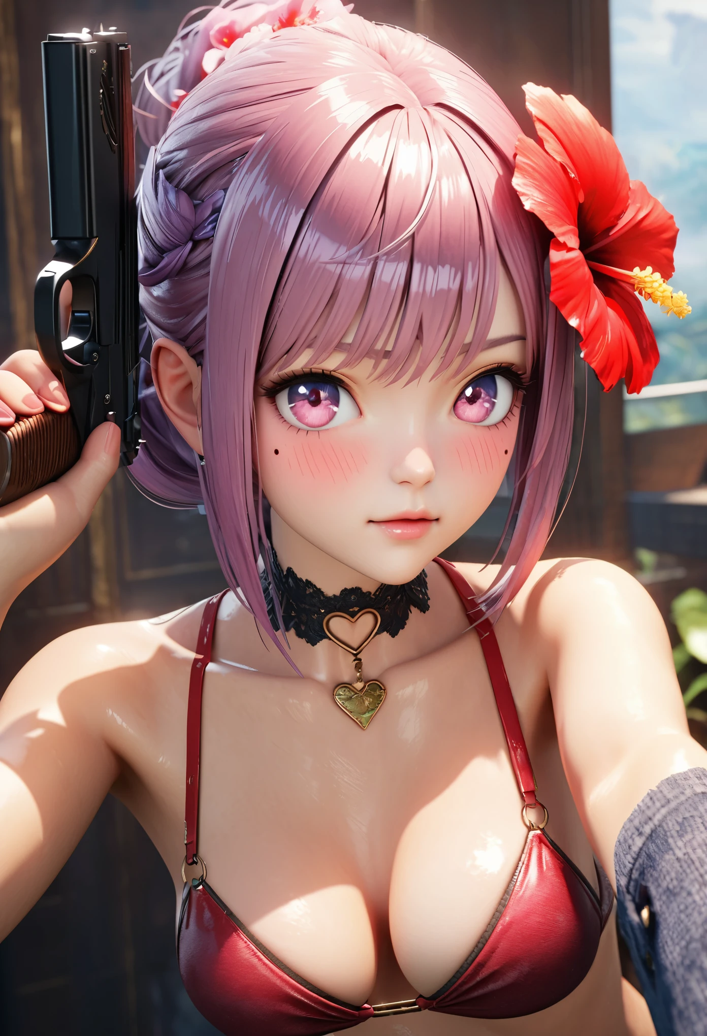 masterpiece,highest quality, Very detailed, High resolution, expensive resolution, High resolution, 4K, 8k, unity 8k wallpaper, Very detailed CG, masterpiece, 2D, 3D, Beautiful details, depth, Fine texture , highest quality: 1.3, Fully focused, Crispy.skin, .he,
Very cute anime girl 、bikini、Large Breasts、ピンクのセミロングヘア wearing expensive , Two Girls、Holding a gun, Mole under the eye, looking at the viewer , expensive , blush, Mole, Lips parted, Hibiscus Hair Accessories, heart, Pink Eyes, choker