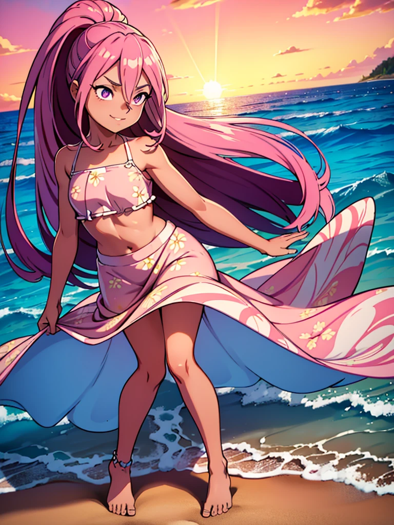 4k, masterpiece, crop top, high detailed, beautiful eyes, long pink hair, high ponytail, purple eyes, mischievous smile, wearing a light, flowing sundress with floral patterns, beach setting, standing barefoot on the sand, gentle waves in the background, bright sunlight, playful and carefree expression, wind lightly blowing her hair and dress, seashells scattered on the sand, summer vibes, relaxed and joyful atmosphere, spider pattern, detailed feet, beautiful eyes, (best quality), (extremely detailed 8K wallpaper), ultra-detailed, cinematic lighting, detailed light, best shadow, anklet, dark skinned, female, Hawaiian, detailed face, beautiful toes, beautiful hands, sunset, two legs,