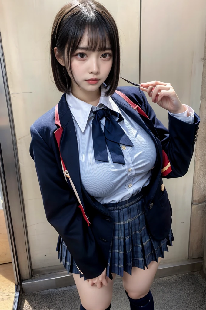 muster piece, best quality, illustration, Super detailed, fine details, High resolution, 8K,wall paper, perfect dynamic composition,(Details High quality, realistic depiction of eyes:1.3), (2 girls, 2 schoolgirls), High School Classroom、High school girl uniform、blazer 、Super Short Check Uniform Skirt、Navy blue high socks、garterbelts、Colossal tits、Disturbed uniform, short bob hair, black hair color, huge breasts, Big Natural Color Lip, bold sexy pose, (perfect body shape), crying a little、cold gaze, Harajuku style、20 year old girl、 beautiful legs, hposing Gravure Idol, Voluptuous thighs