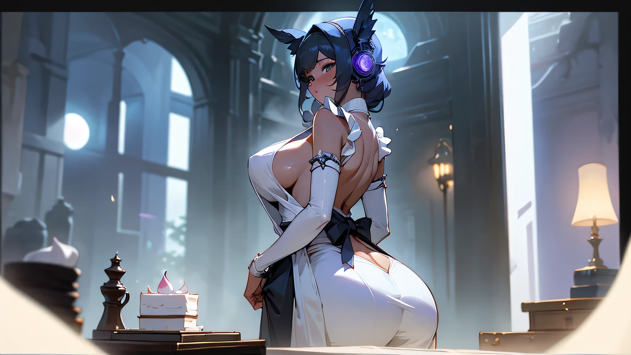 A woman wearing a white nude apron with headphones、Big Breasts、sexy、Moonlight、Unbuttoned、Downlight、full moon、A room filled with delicious looking cakes、Stylish interior、Beautiful woman looking back、Butt、Beautiful buttocks、Plump、Sideboob