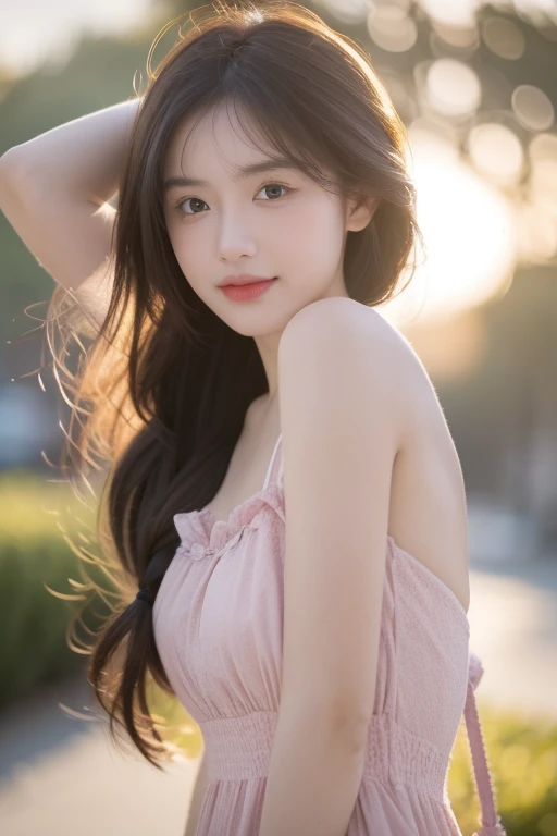 Superb Quality, Masterpiece, High Resolution, 1Girl, Blush, (Seductive Smile: 0.8), , (High Detail Skin: 1.2), 8K UHD, SLR, Soft Light, High Quality, Volume Lighting, C High Resolution, 4K, 8K, Real Person, Superb masterpiece, upper body, (adult: 1.6) Hungarian woman, (giggle: 0.4), arms behind the head, golden braids, sparkling eyes, Victorian sun dress, floating light particles, centered, added facial detail