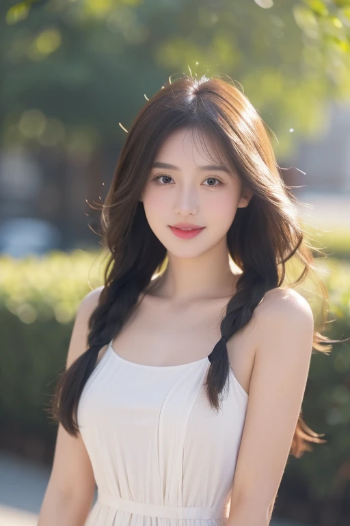 Superb Quality, Masterpiece, High Resolution, 1Girl, Blush, (Seductive Smile: 0.8), , (High Detail Skin: 1.2), 8K UHD, SLR, Soft Light, High Quality, Volume Lighting, C High Resolution, 4K, 8K, Real Person, Superb masterpiece, upper body, (adult: 1.6) Hungarian woman, (giggle: 0.4), arms behind the head, golden braids, sparkling eyes, Victorian sun dress, floating light particles, centered, added facial detail