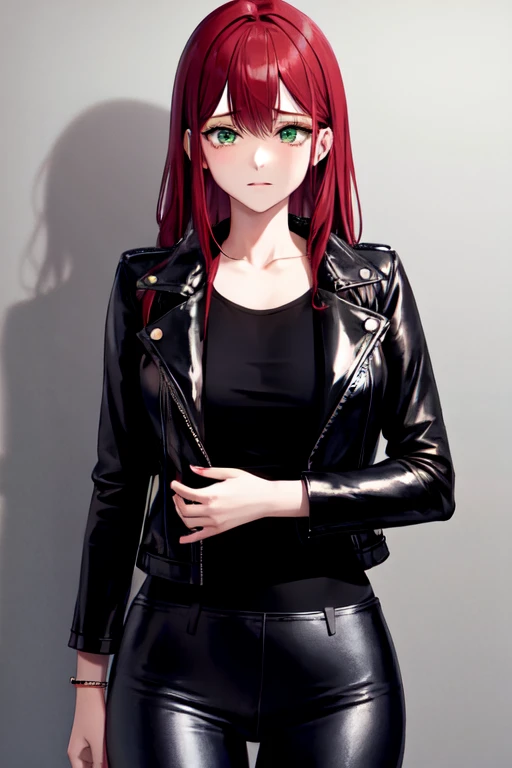 Cabello rojo, green eyes slim build, leather pants and jacket, blusa verde, llorando y triste.