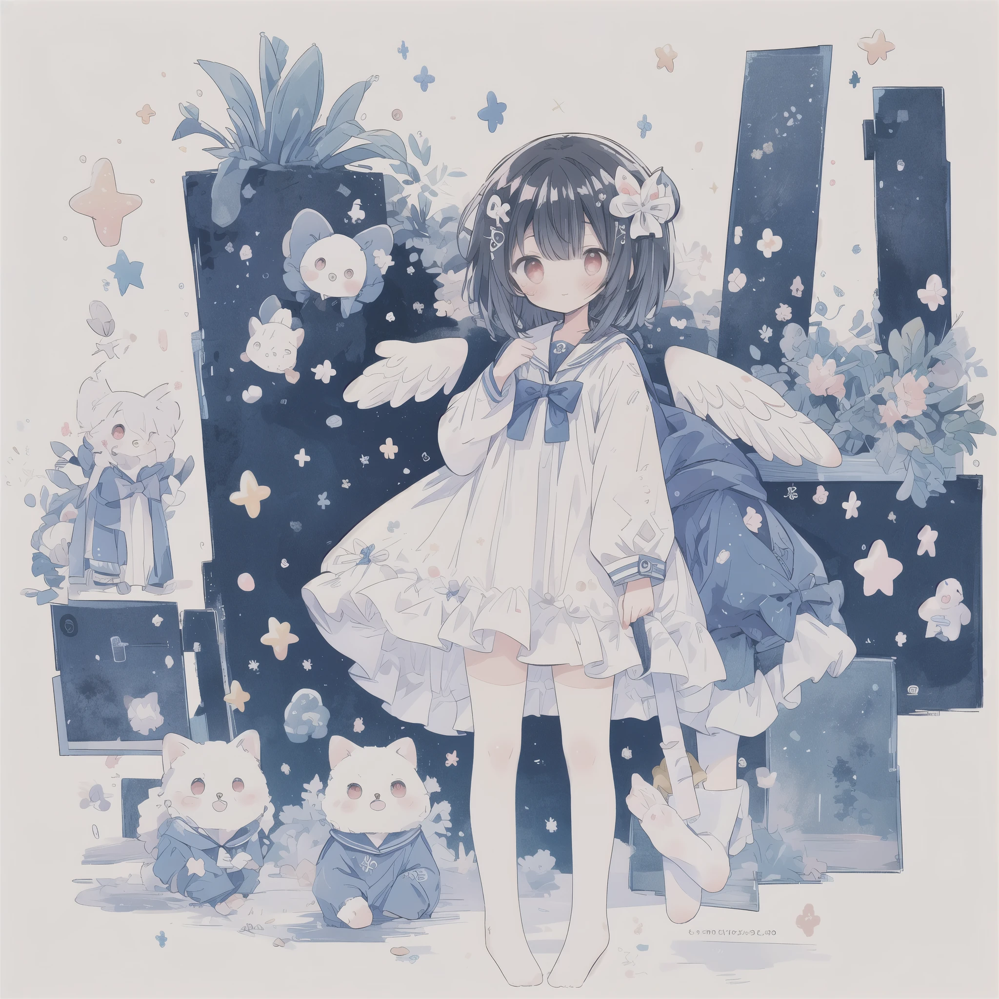 No shoes, watercolor, masterpiece, highest quality, Very detailed, One Girl, whole body, Beautiful details，Red eyes，Droopy eyes，Bright red eyes, Black Hair，Bob Hair，Straight hair，Cute anime face, whole body, Beautifully detailed face, Starry sky background，Angel，Sailor dress