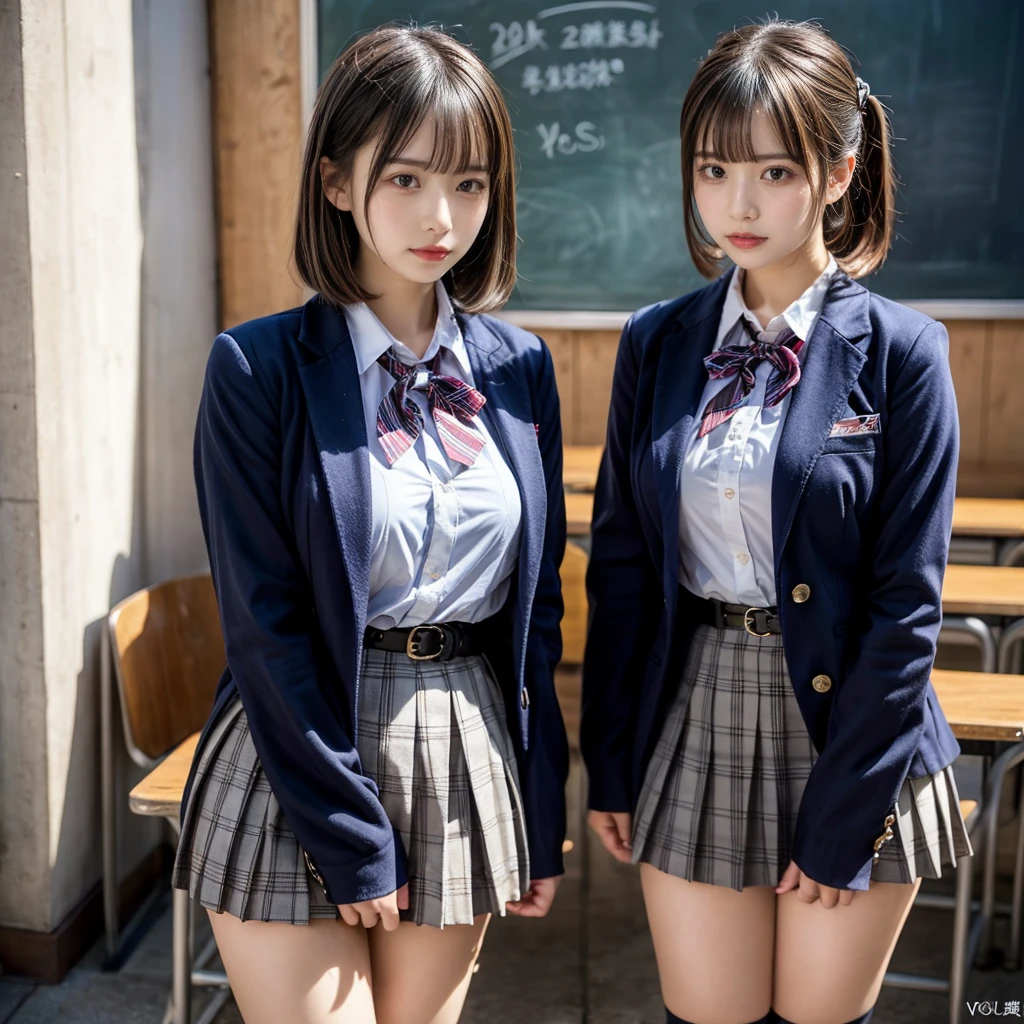 muster piece, best quality, illustration, Super detailed, fine details, High resolution, 8K,wall paper, perfect dynamic composition,(Details High quality, realistic depiction of eyes:1.3), (2 girls, 2 schoolgirls:1.2), from side, High School Classroom、High school girl uniform、blazer 、Super Short Check Uniform Skirt、Navy blue high socks、garterbelts、Colossal tits、Disturbed uniform, short bob hair, black hair color, huge breasts, Big Natural Color Lip, bold sexy pose, (perfect body shape), crying a little、cold gaze, Harajuku style、20 year old girl、 beautiful legs, hposing Gravure Idol, Voluptuous thighs