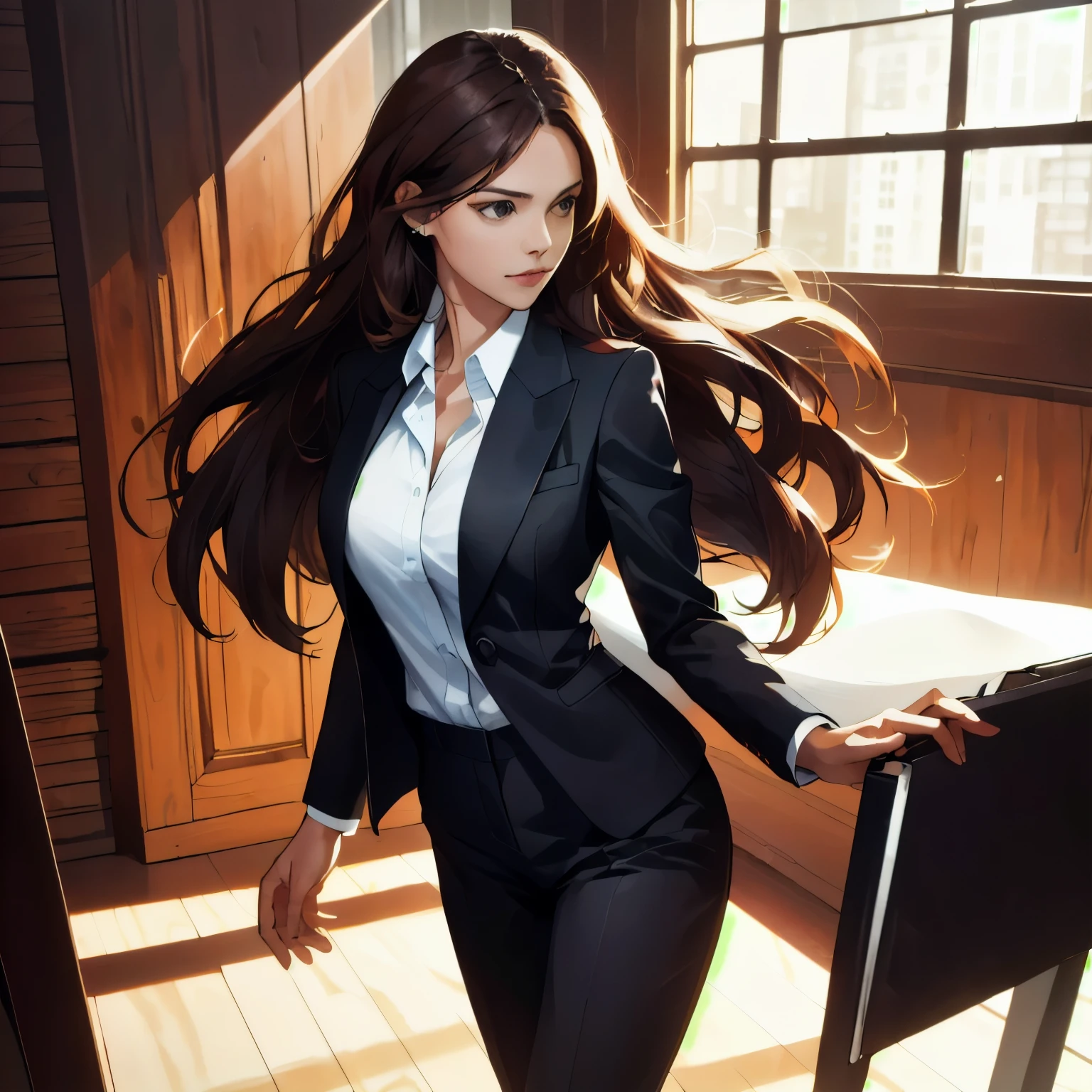 1girl, solo, (best quality, masterpiece, ultra-high resolution, 4K, HDR, UHD, 64K, official art), (photorealistic:1.3, realistic:1.3),(indoors), (Canon RF 85mm f/1.2L 85mm),floating hair, long hair, brown hair,(cowboy shot:1.3), (busty:1.2),(standing:1.3), (larege breasts:1.3), facing viewer, (Wearing a black business suit with a white shirt:1.3),