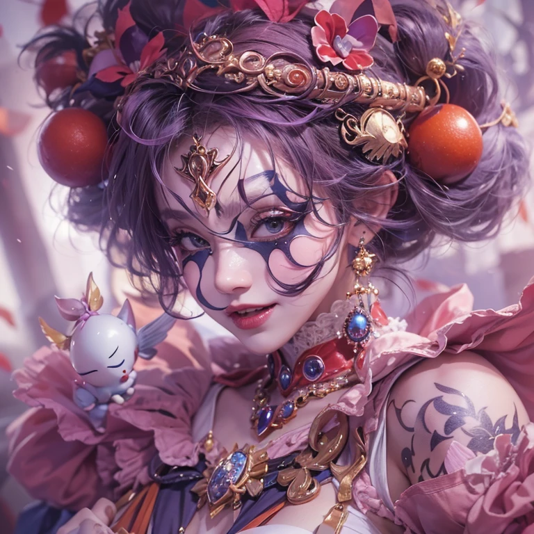 Hiding at the masquerade、Hair flow、 ((highest quality、masterpiece、8k、Best image quality、Ultra-high resolution、Award-winning works)、(Accurate ???????:1.1)、(Look at me and smile:1.1)、Shining fair skin with Ultra-high resolution、The most detailed face、Ultra-high resolution detailed face、Ultra-high resolutionの髪の毛、(Ultra-high resolutionの煌めく瞳:1.1)、Beautiful face drawn in every detail、(Blurred Background:1.1)、Cheerful clown costume, Chest to chest, tattoo,、Wearing a Venetian mask