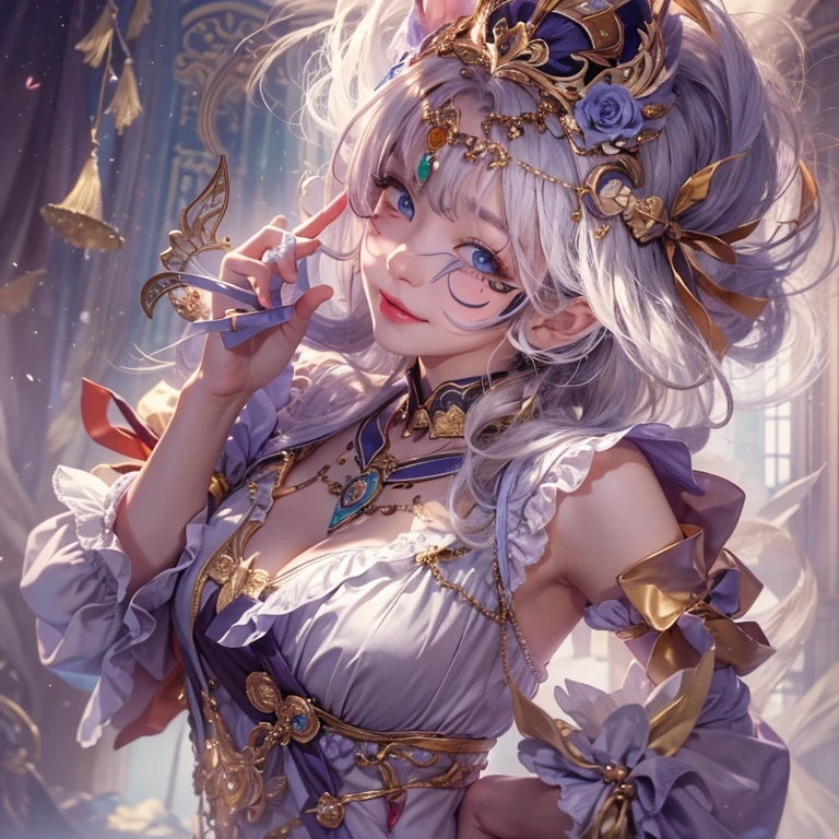Hiding at the masquerade、Hair flow、 ((highest quality、masterpiece、8k、Best image quality、Ultra-high resolution、Award-winning works)、(Accurate ???????:1.1)、(Look at me and smile:1.1)、Shining fair skin with Ultra-high resolution、The most detailed face、Ultra-high resolution detailed face、Ultra-high resolutionの髪の毛、(Ultra-high resolutionの煌めく瞳:1.1)、Beautiful face drawn in every detail、(Blurred Background:1.1)、Cheerful clown costume, Chest to chest, tattoo,、Wearing a Venetian mask