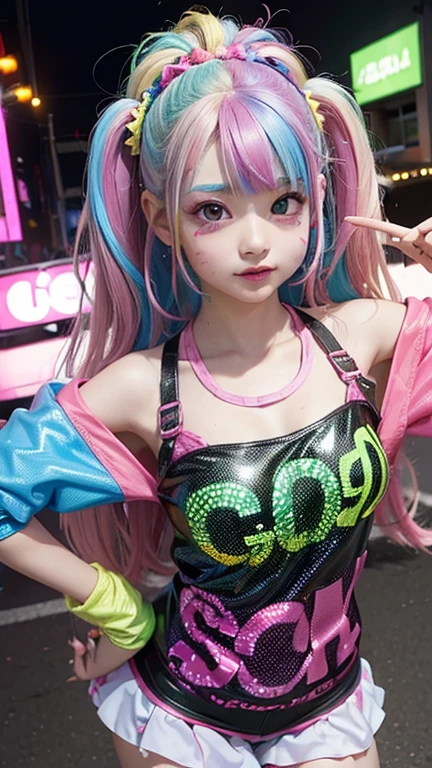 (Young Face:1.35)、(１０Year:1.35)、Arafe Girls taking photos in colorful costumes, y 2k cutecore clowncore, Cute Decora Rainbow Core, Cute high quality rendering, Candy Girl, Inspired by Decora, Unreal Engine : : Rave Makeup, Working Girl, Rave Girl, Rave Costumes, Glitch Punk Girl, Soda themed girl, Playful and bright, 80&#39;Pin-up Style、(Spread your legs、Anal Sex:1.4)