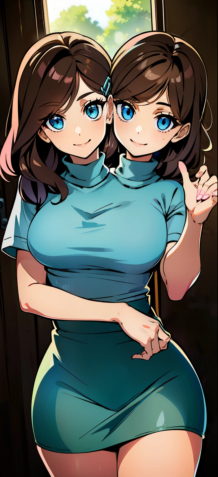 b best quality, (masterpiece),(ultra-detailed), (high quality), (high resolution), ((2heads:1.5)), ((brownbhair)), shorts, best quality:1.5, highres, UHD, 4K), smiling, ((pink turtleneck shirt)), (short sleeves),((seductive pose)), ((detailed eyes)), (light blue eyes), dark blue skirt, (hair-clip), ((girl with two heads), (small breasts)
