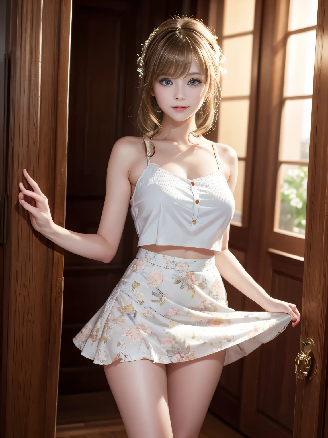 masterpiece,High resolution,highest quality,超High resolution,超High resolution,Ultra-realistic、alone,A very beautiful and cute woman in her 20s、She is wearing a pale white floral mini-skirt dress and has the hem of the skirt up,Her hair is moving,whole body,Amazing perfect ratio,Shiny light brown medium length hair,High Layer Cut,Mallet Hairstyles,Bright Blue Eyes,Happy,shy、