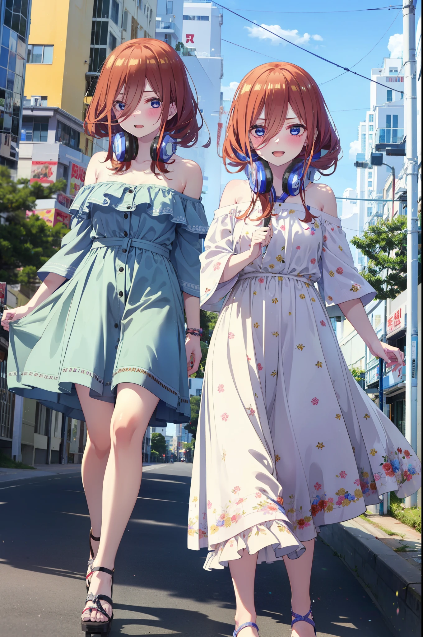 Mikunakano, Miku Nakano, Long Hair, bangs, blue eyes, Brown Hair, shirt, Hair between the eyes, Headphones around the neck,happy smile, smile, Open your mouth,Off-the-shoulder blue dress,Bare shoulders,bare clavicle,Bare neck,Bare arms,Blue long skirt,Cute heeled sandals,Real Summer,Daytime,sunny,My hair is blowing in the wind,whole bodyがイラストに入るように,Looking up from below,
break outdoors, city,海岸通り
break looking at viewer, whole body,
break (masterpiece:1.2), highest quality, High resolution, unity 8k wallpaper, (shape:0.8), (Beautiful details:1.6), Highly detailed face, Perfect lighting, Highly detailed CG, (Perfect hands, Perfect Anatomy),