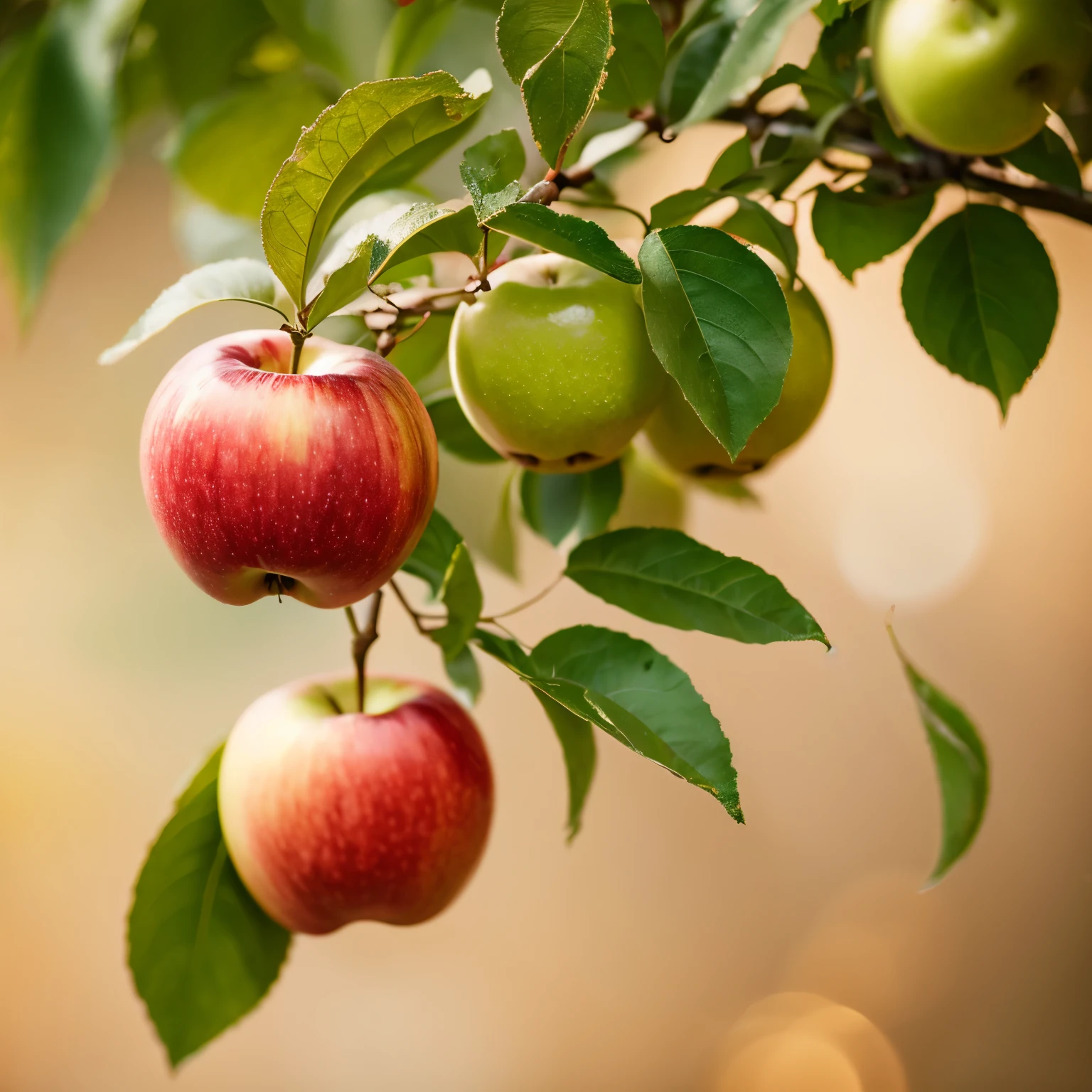 apple plant with fruit there are dew drops realistic detail 8k light color blur background