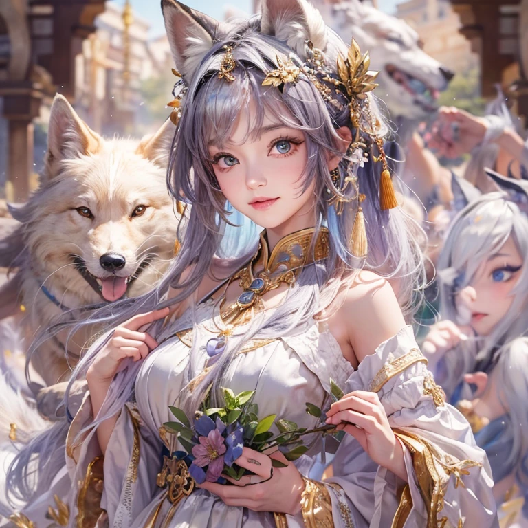 Hiding in an ancient shrine、Hair flow、 ((highest quality、masterpiece、8k、Best image quality、Ultra-high resolution、Award-winning works)、(Accurate anatomy:1.1)、(Look at me and smile:1.1)、Shining fair skin with Ultra-high resolution、The most detailed face、Ultra-high resolution detailed face、Ultra-high resolutionの髪の毛、(Ultra-high resolutionの煌めく瞳:1.1)、Beautiful face drawn in every detail、(Blurred Background:1.1)、Ancient maiden costume, Chest to chest, tattoo、Other than white fox