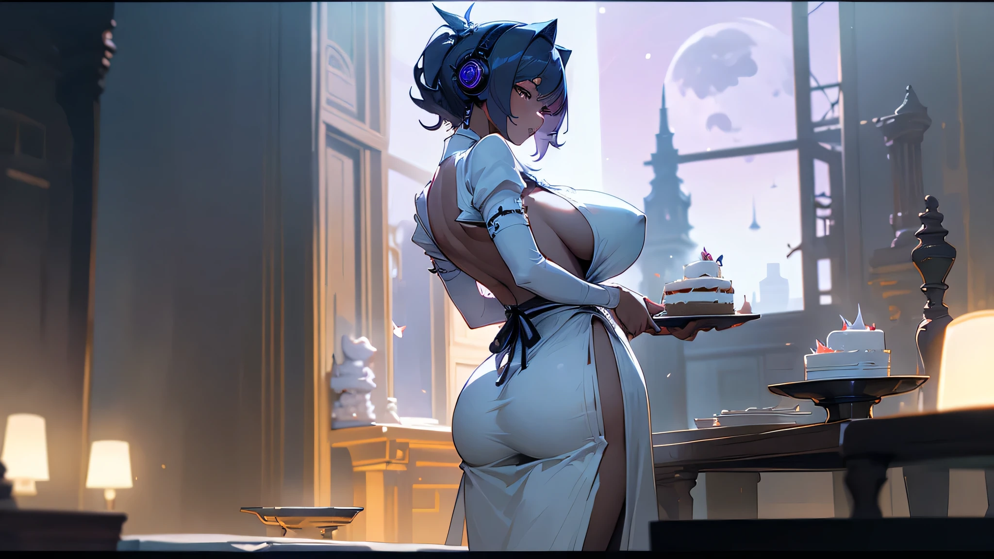 A woman wearing a white nude apron with headphones、Big Breasts、sexy、Moonlight、Unbuttoned、Downlight、full moon、A room filled with delicious looking cakes、Stylish interior、Beautiful woman looking back、Butt、Beautiful buttocks、Plump、Sideboob