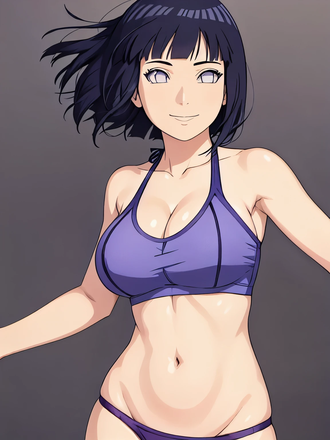 (hinata\(boruto\), (high quality, anime, standing), ((wrestling outfit: premium bikini top for wrestling, sport arm strap, thong for wrestling)), ((slender woman, off-shoulders, (long belly), thick arms, super detailed body, smile)), ((pointing)), (medium-big breasts, cleavage), closed mouth), tan skin, ((floating hair, dark blue, short hair, hime cut، loose hair), (background: simple white background only), (background: simple white background only, windy)
