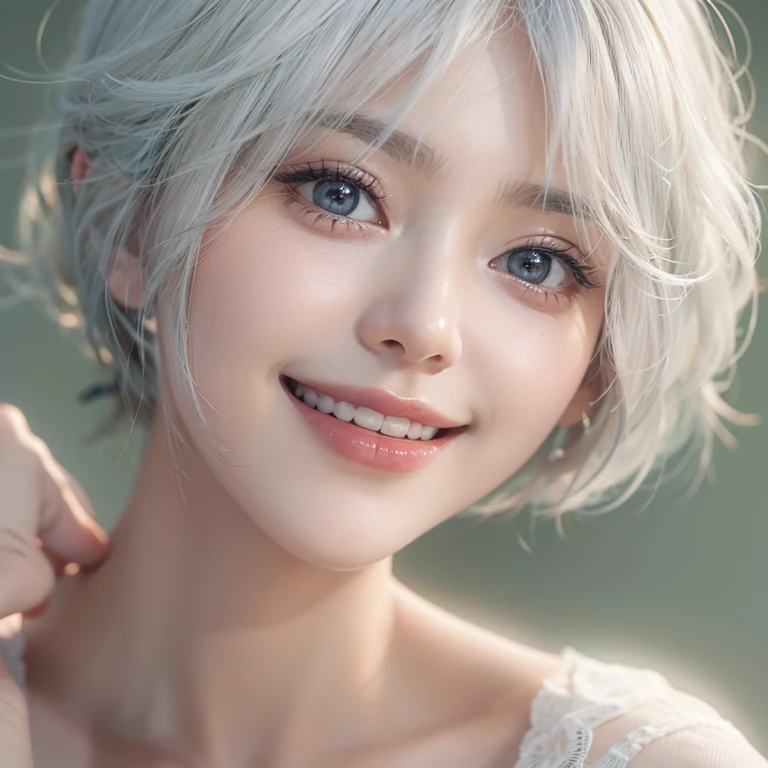 (masterpiece:1.3), (8k, Realistic, RAW Photos, Best image quality: 1.4), Fair-skinned fairy woman、short hair、Cleavage:2.0、Highly detailed face、Attention to detail、double eyelid、Sharp focus:1.2、Beautiful woman:1.4、Silvery white hair、highest quality、masterpiece、Ultra-high resolution、(Realistic:1.4)、Highly detailed and professionally lit smiles、Loose, Light,Japanese high 、 one person、whole body, I eat breakfast