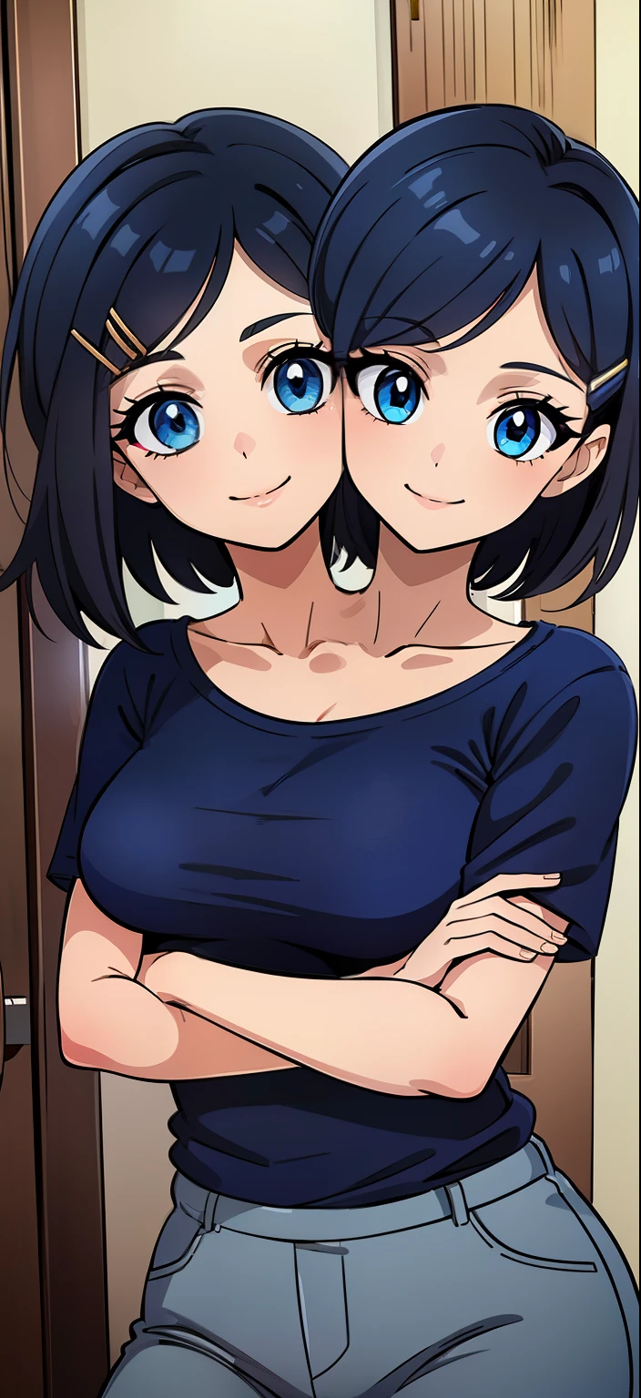 b best quality, (masterpiece),(ultra-detailed), (high quality), (high resolution), ((2heads:1.5)), ((black hair)), short hair, long hair, best quality:1.5, highres, UHD, 4K), smiling, ((dark blue shirt)), (short sleeves),((seductive pose)), ((detailed eyes)), (light blue eyes), dark gray pants, (hair-clip), ((girl with two heads), (small breasts),