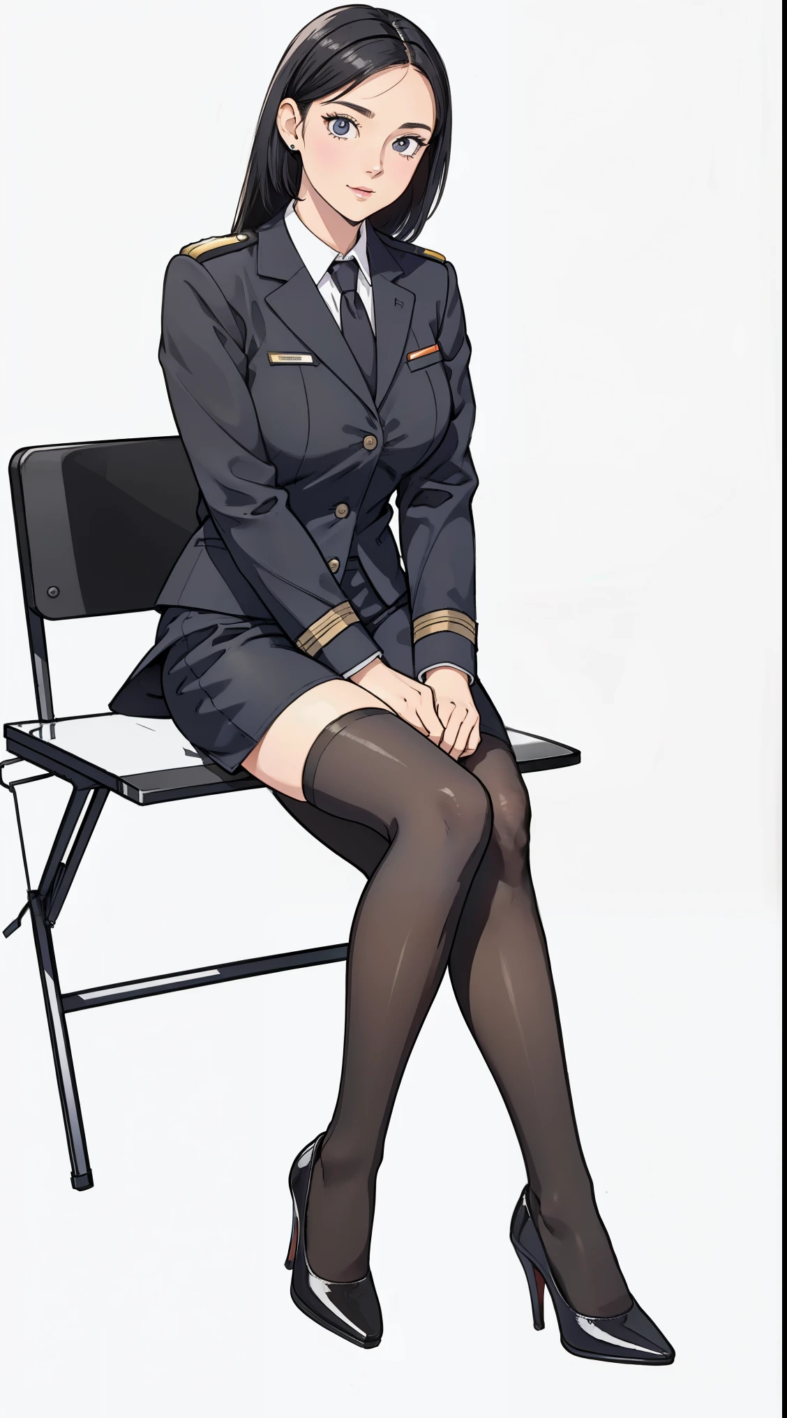 Top quality，tmasterpiece，hyper HD，Front view，Full body photo，woman，simplebackground，Black color hair，stewardess，Flight attendant suit，Sit Pose，black lence stockings，high-heels
