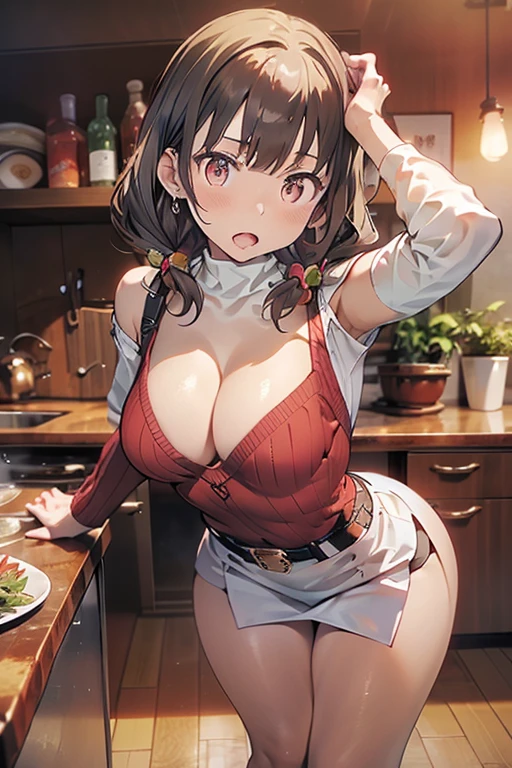 masterpiece, yor, 1girl, Amazing Cleavage:1.3, thin waist, big ass, Raised sexy, medium breast: 1.8 posed cleavage:1.2、solo, looking at viewer, open mouth, have a cup of coffee,black hair, red eyes, dress, bare shoulders, jewelry, collarbone, sidelocks, hairband, earrings, indoors, off shoulder, :o, sweater, arms behind back, plant, short hair with long locks, white hairband, off-shoulder dress, sweater dress, off-shoulder sweater, red sweater, big side hair, very long side hair,is rendered in (masterpiece: 1.2, best quality), with (ultra high resolution) and an exquisite (depth of field). This masterpiece is not only visually stunning but also tells, teach of cooking ,in the kitchen