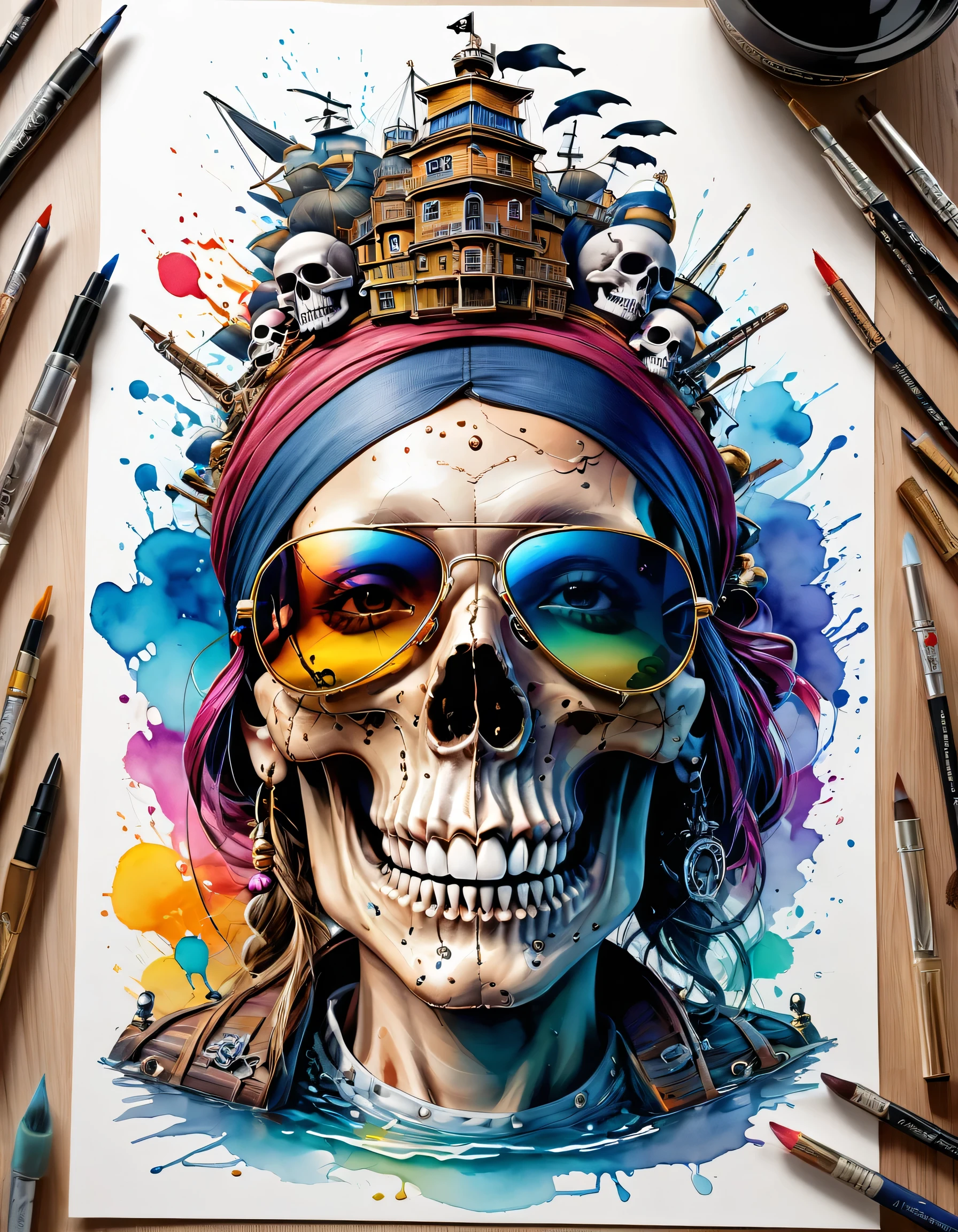 12stairs Style、(((stylish fashion))), 8K Quality、Intense watercolor, Detailed watercolor art, Watercolor splash, Surreal, avant-garde pop art, Beautiful and expressive paintings, Beautiful artwork illustration, Very colorful tones, wonderful, Cool beauty, highest quality、Official Art, Vector art, Stylish design, (((The Strongest SKULL Pirate in History))), (((Stylish sunglasses))), (((pirate ship))), (((highest quality))), HDR, ((detailed)), (((Doodle Art)), ((masterpiece)), ((Super detailed)), (((skull fashion))), (((Stylish))),