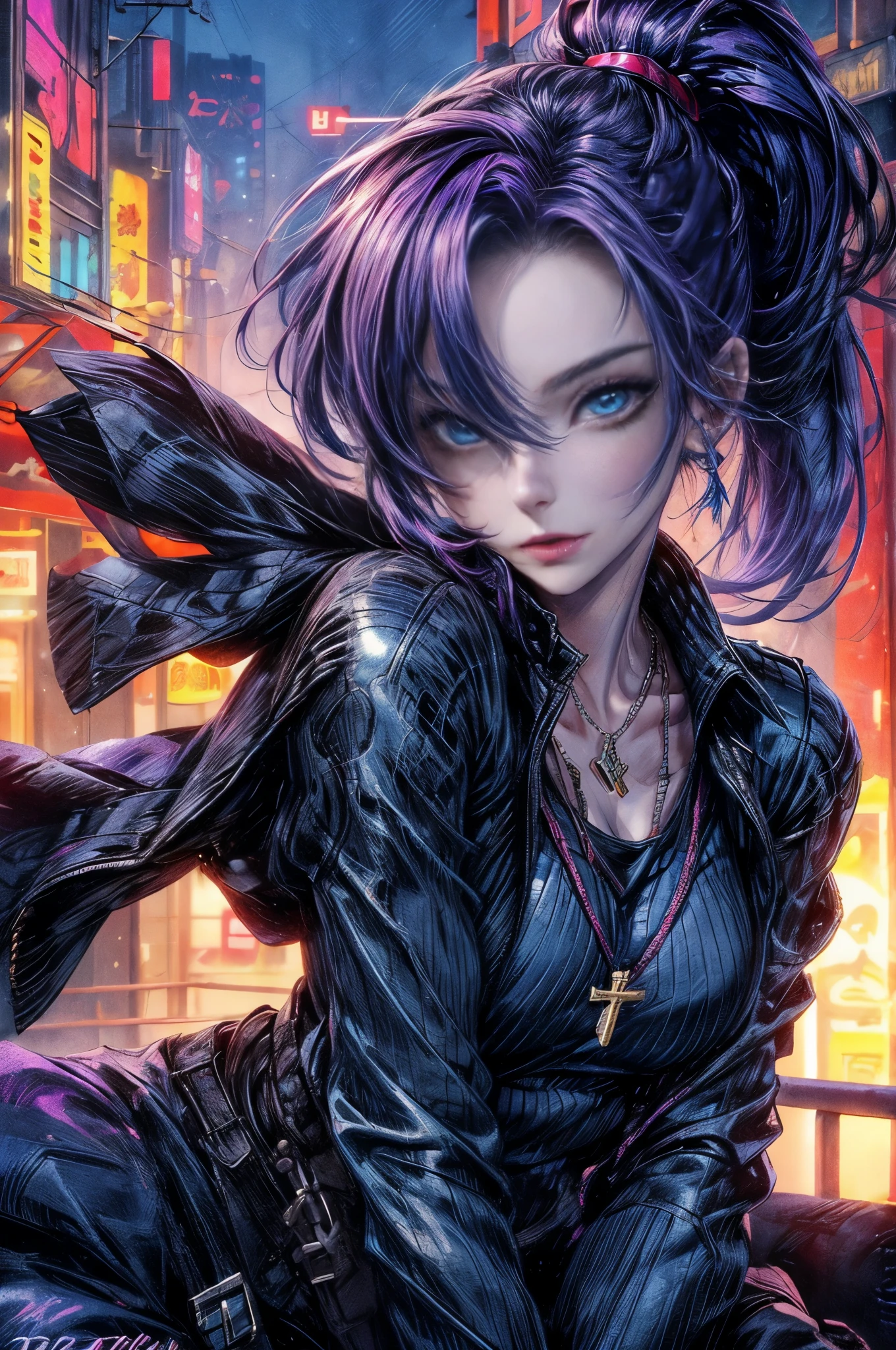 Cinema Lighting、highest quality,Cyberpunk World、1 female、(Beautiful 25 year old woman、Beautiful facial details 、Short ponytail、part、Blue Eyes:1.4)break,（evil smaller:1.8）（vivid Shiny dark purple hair:1.6）
break
 (disaster々New cyberpunk style black workwear:1.2), (Tank top inside、Cross Necklace)、break.（Only purple hair）BREAK
（Resort Cafe、Daytime:1.2）（Portrait Angle）