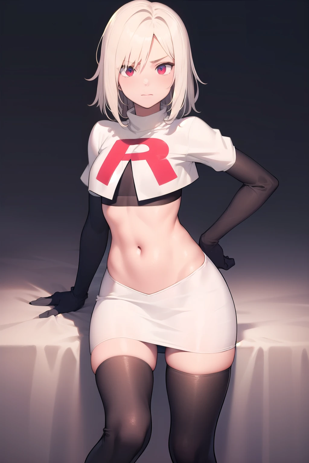 masterpiece, absurdres, male focus, trap, crossdressing,1boy, team rocket,team rocket uniform,white skirt,red letter R,crop top,black thigh-highs,black elbow gloves