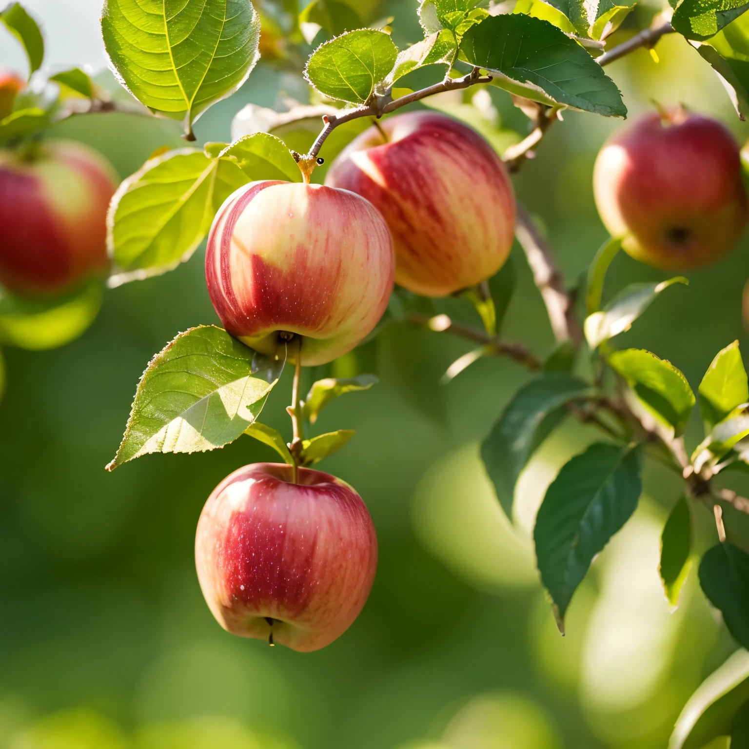 apple plant with fruit there are dew drops realistic detail 8k light color blur background