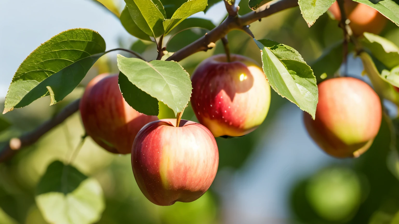 apple plant with fruit there are dew drops realistic detail light color blur background