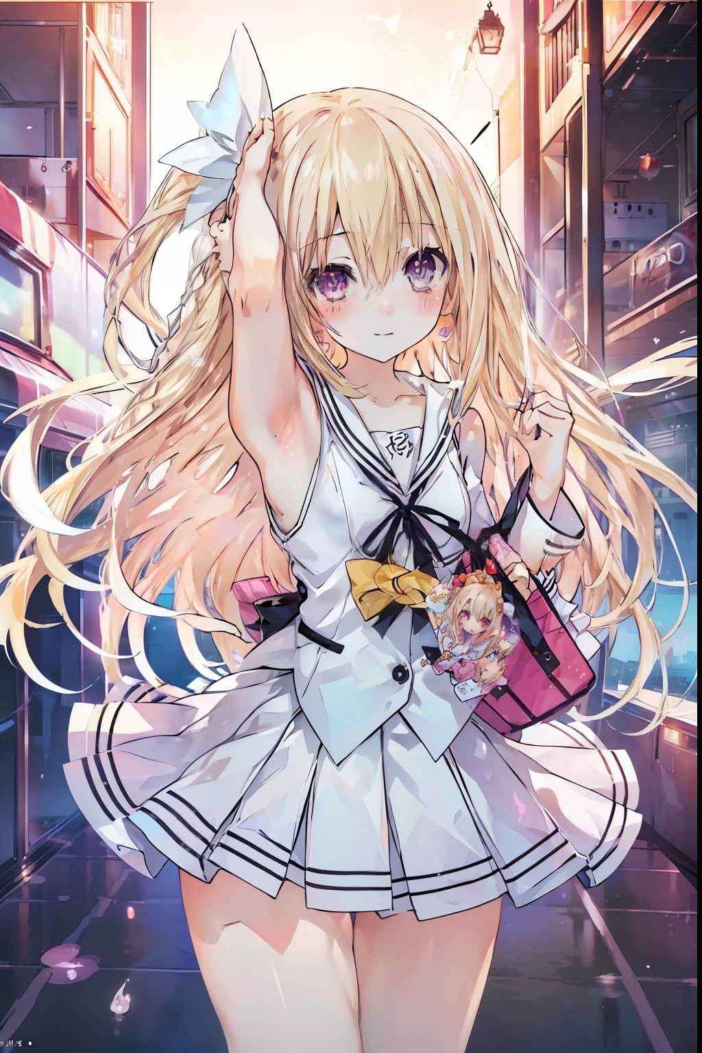 Manyuri 、blush,smile、Blonde、Red Eye、Spirit Power、Dressed in spirit clothes、Primary school students、The back is very small、Lolita、Small breasts、Please show me your armpits、exterior: 14 years old、Shoulder Bare、The clavicle is visible、Sexy thighs、Beautiful feet、Usual hairstyle、highest quality, High resolution, unity 8k wallpaper, (shape:0.8), (Beautiful and beautiful eyes:1.6), Highly detailed face, Perfect lighting, Extremely detailed CG, (Perfect hands, Perfect Anatomy),