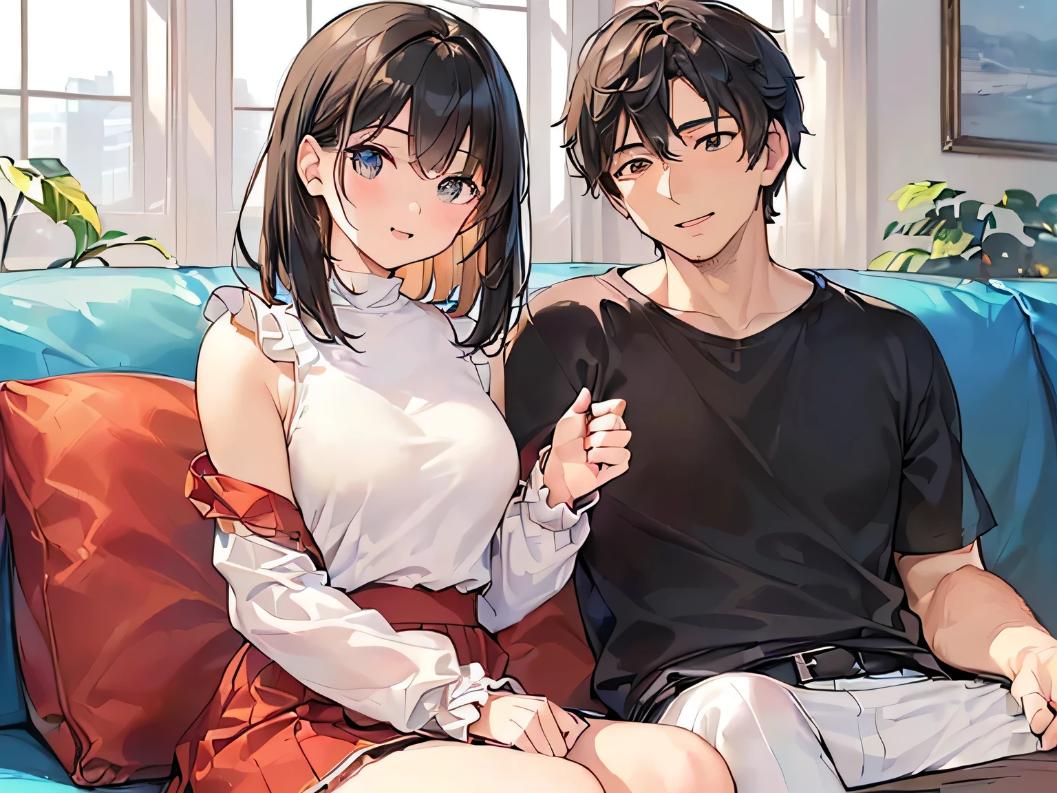 (Masterpiece, top quality, high resolution, realistic photo, realistic looking skin:1.1),
(A couple, a man and a woman, are sitting on a sofa in a living room:1.8),
(They look lovey-dovey and happy:1.8),
(woman is 18 years old, wearing a white sleeveless turtleneck knit, a red mini-skirt, white socks and short black hair:1.5),
(The man is 36 years old and a little older, but dressed normally except for wearing a long-sleeved shirt:1.5),
(The place is a sofa in the living room:1.5),
Both genders are Japanese, full-bodied, full-bodied ethnocentric, beautiful eyes, shining eyes, shining thighs, NSFW